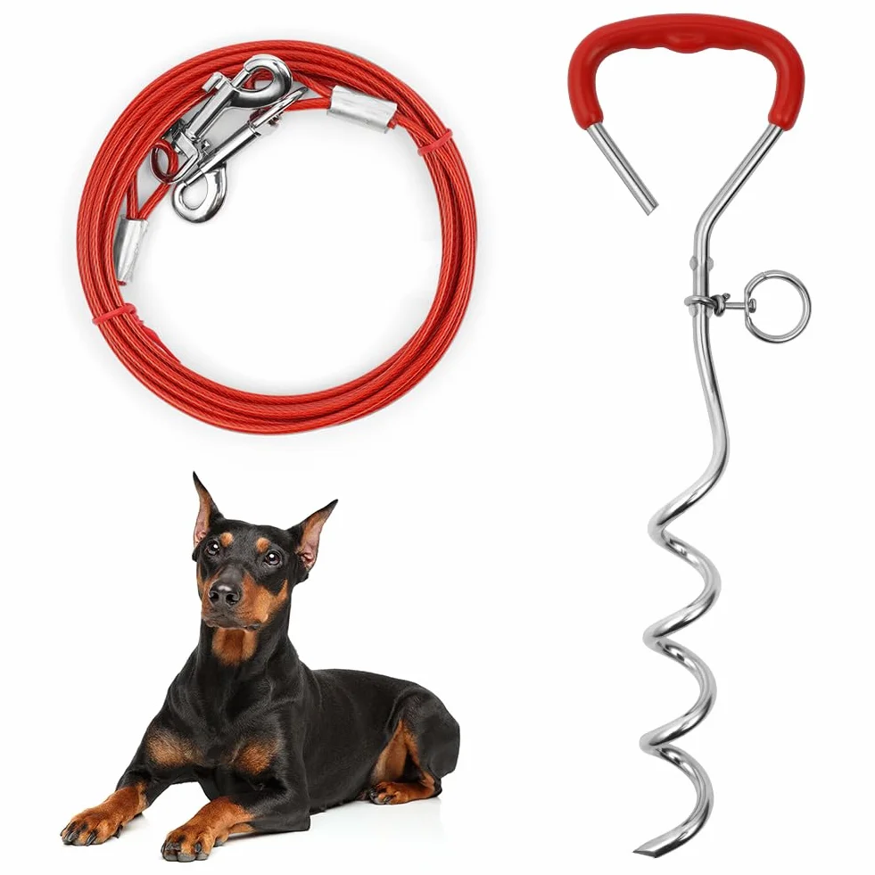 Aomig 20 m (3 m) kabel do wiązania dla psa, wytrzymały kabel do wiązania dla psa ze spiralnym palikiem uziemiającym, solidny palik dla psa, stalowy, spiralny, uziemiony, akcesoria dla psa, na zewnątrz