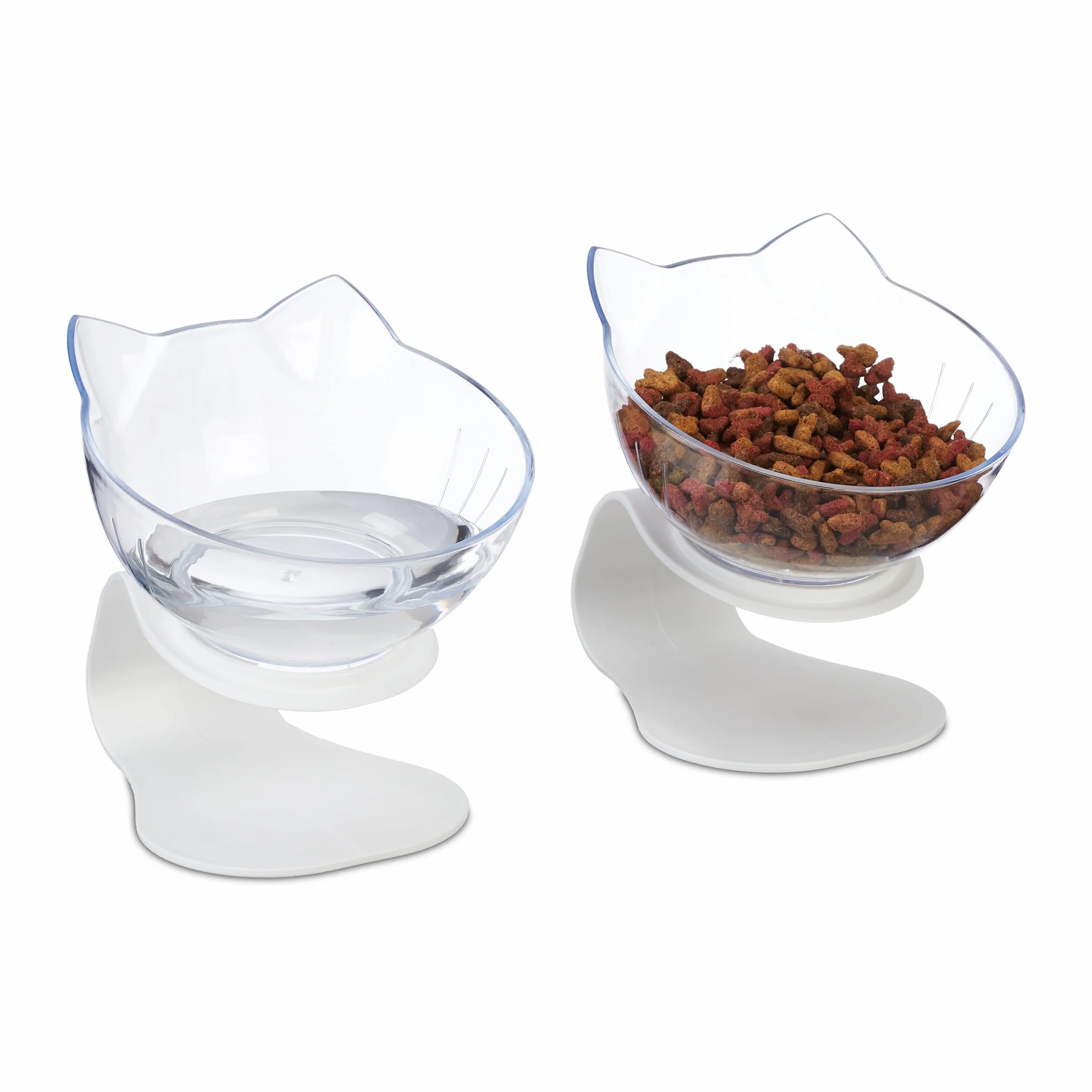 Relaxdays Podwyższona miska dla kota, zestaw 2 szt., miska na karmę, 500 ml, wys. x szer. x gł.: 15 x 13 x 15 cm, zestaw misek na wodę, biała/przezroczysta