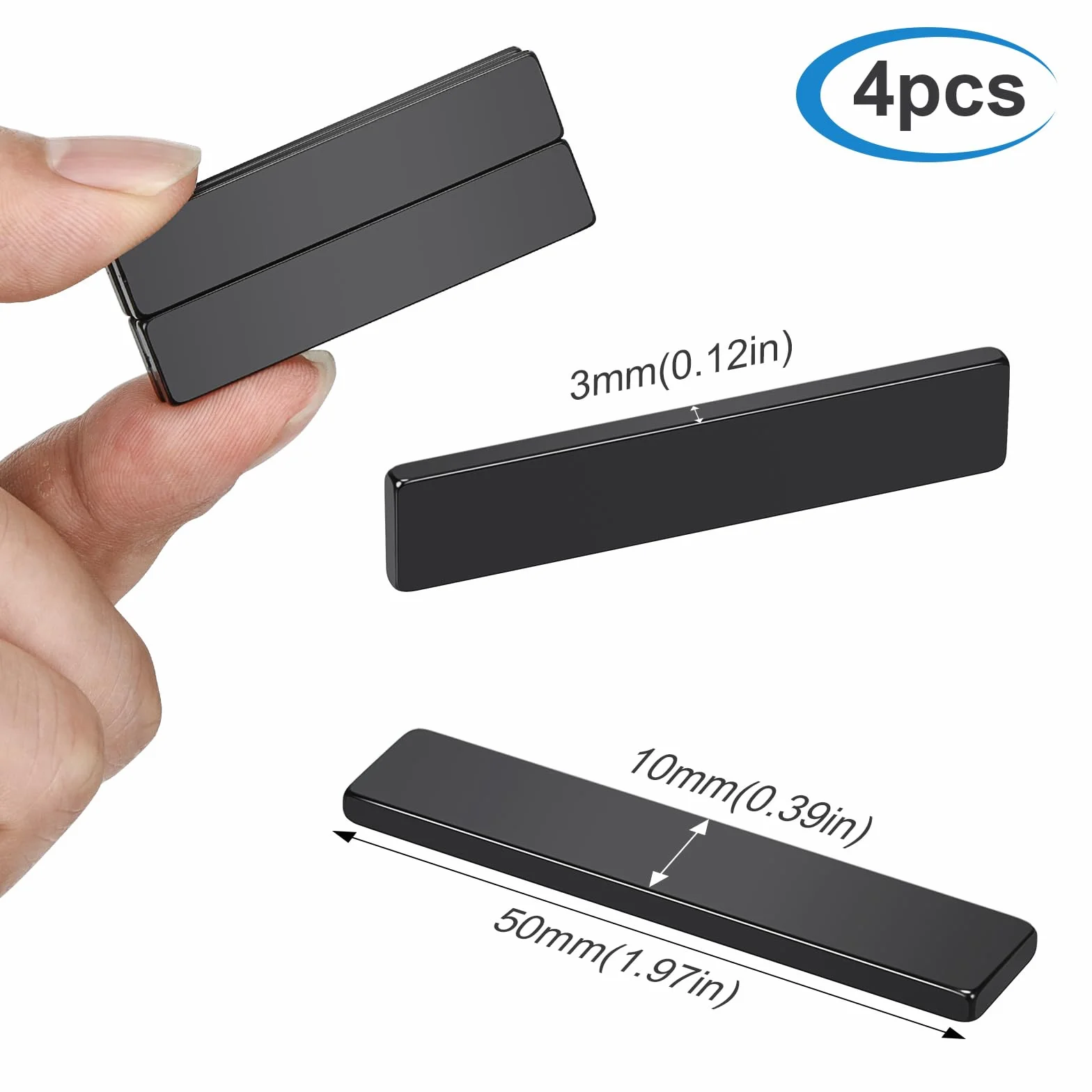 Wukong Mocne magnesy neodymowe 50 x 10 x 3 mm, 4 czarne magnesy z naklejkami, małe prostokątne magnesy neodymowe do kuchni, biura i magazynu