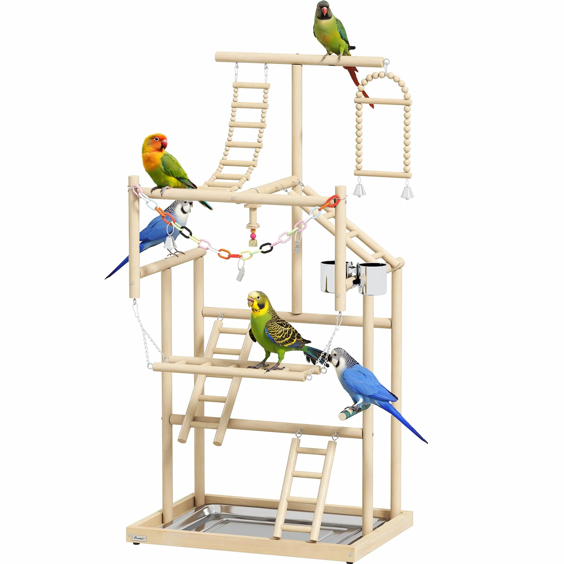 PawHut Plac Zabaw dla Papug, 48 x 38 x 95 cm, Plac Zabaw dla Ptaków z Zabawkami, Tacką ze Stali Nierdzewnej, Conures, Nierozłączek | Plac zabaw dla papugi dla nimf Conures nierozłączne, Parrot Playstand taca ze stali nierdzewnej