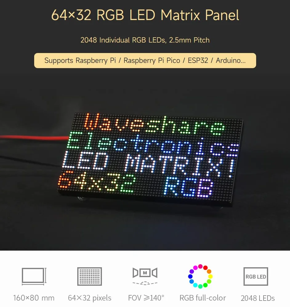 Waveshare RGB kolorowy panel matrycowy LED 2,5 mm podziałka 64 x 32 piksele regulowana jasność, kompatybilny z Raspberry Pi/Raspberry Pi Pico / ESP32