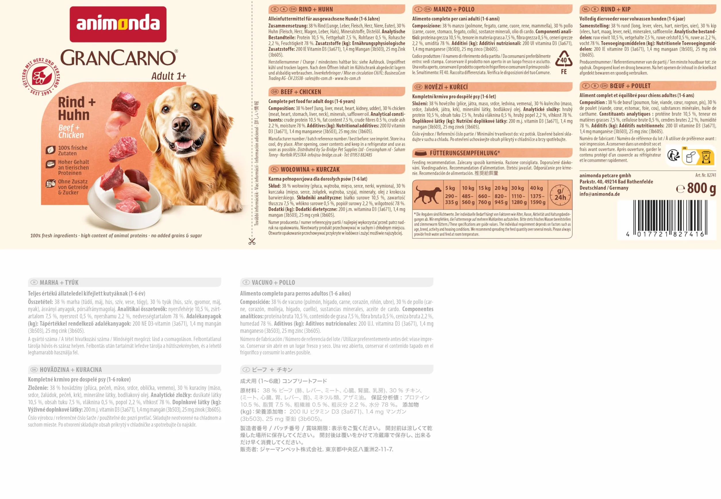 Animonda GranCarno 82741 Mokra Karma z Kurczakiem i Wołowiną dla Dorosłych Psów, 6 x 800 g