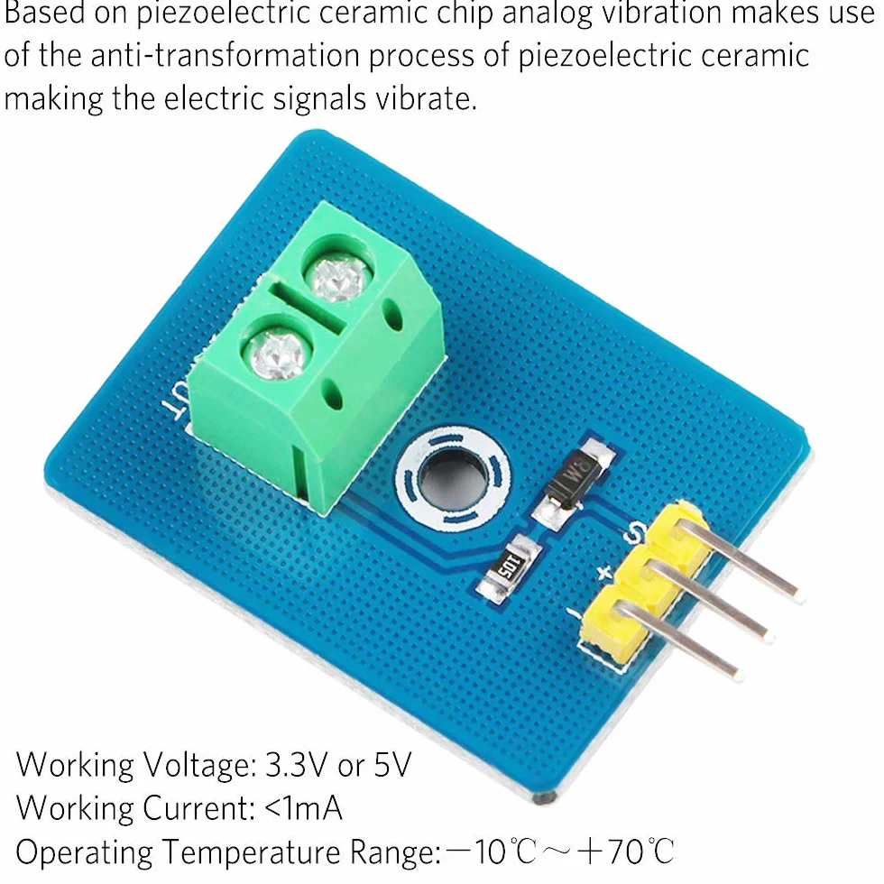 Piezoelektryczny czujnik wibracji 3,3 V/5 V moduł analogowy do Arduino + Kabel Dupont żeński 3-pin