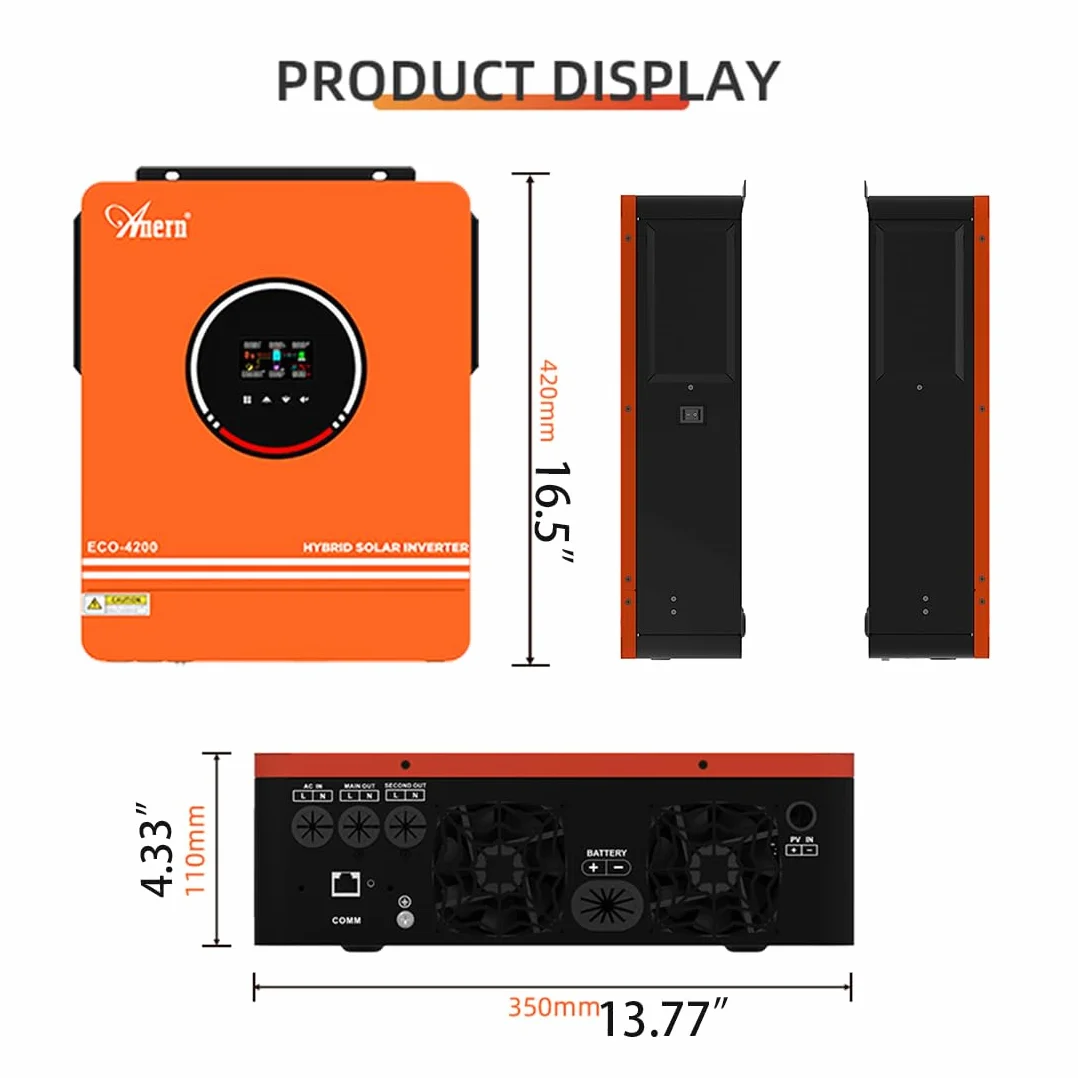 Anern 4200W Hybrydowy falownik solarny 24V DC na 220-230V AC Napięcie wejściowe PV maks. 500V Wbudowany kontroler słoneczny MPPT 120A Współpracuje z akumulatorami litowo-kwasowymi 24V