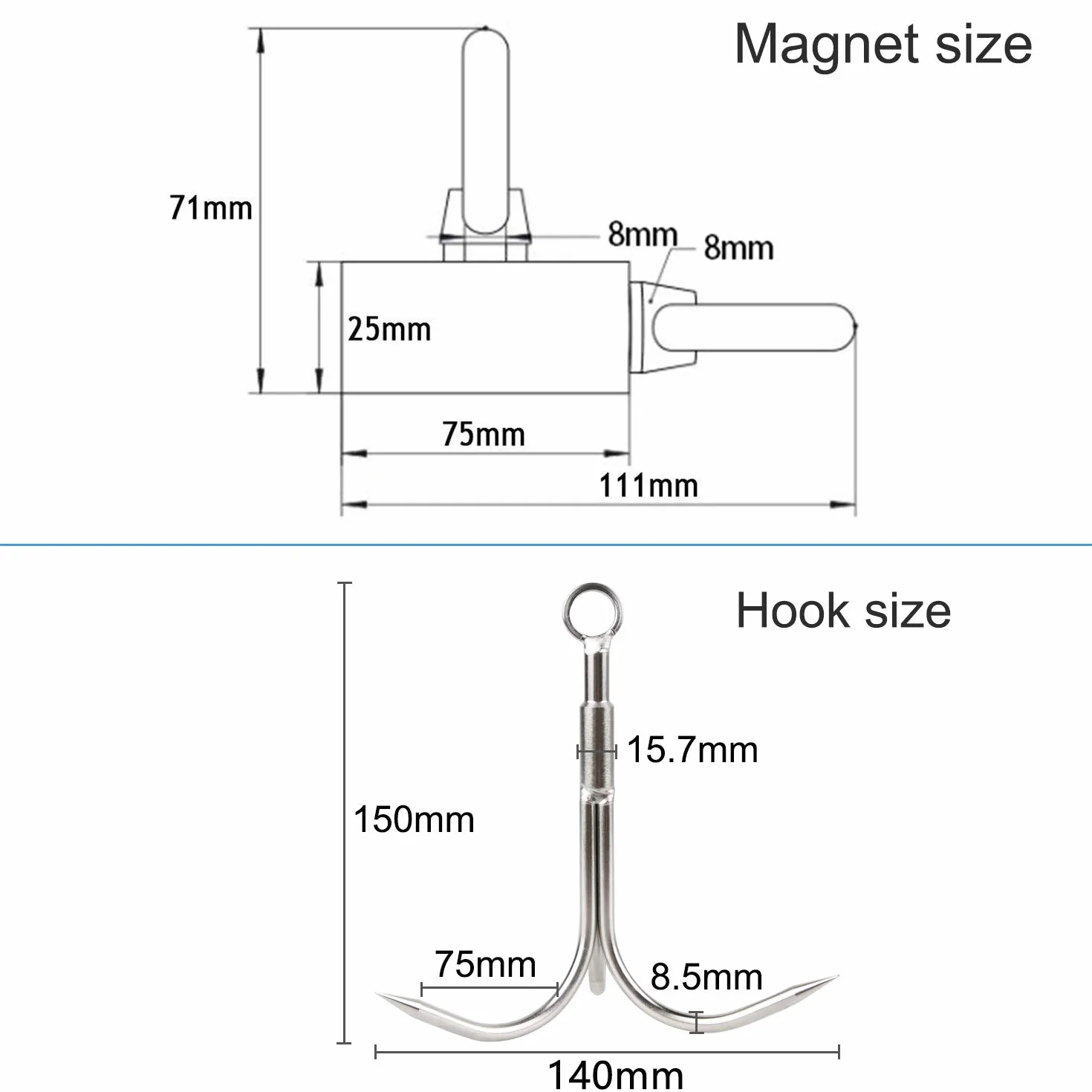 Siła przyczepności 480 kg, dwustronny magnes neodymowy z oczkami, N52 super silny magnes do łowienia magnetycznego – Ø 75 mm magnes poszukiwający z liną 20 m, rękawiczkami i kotwicą, z 2 oczkami