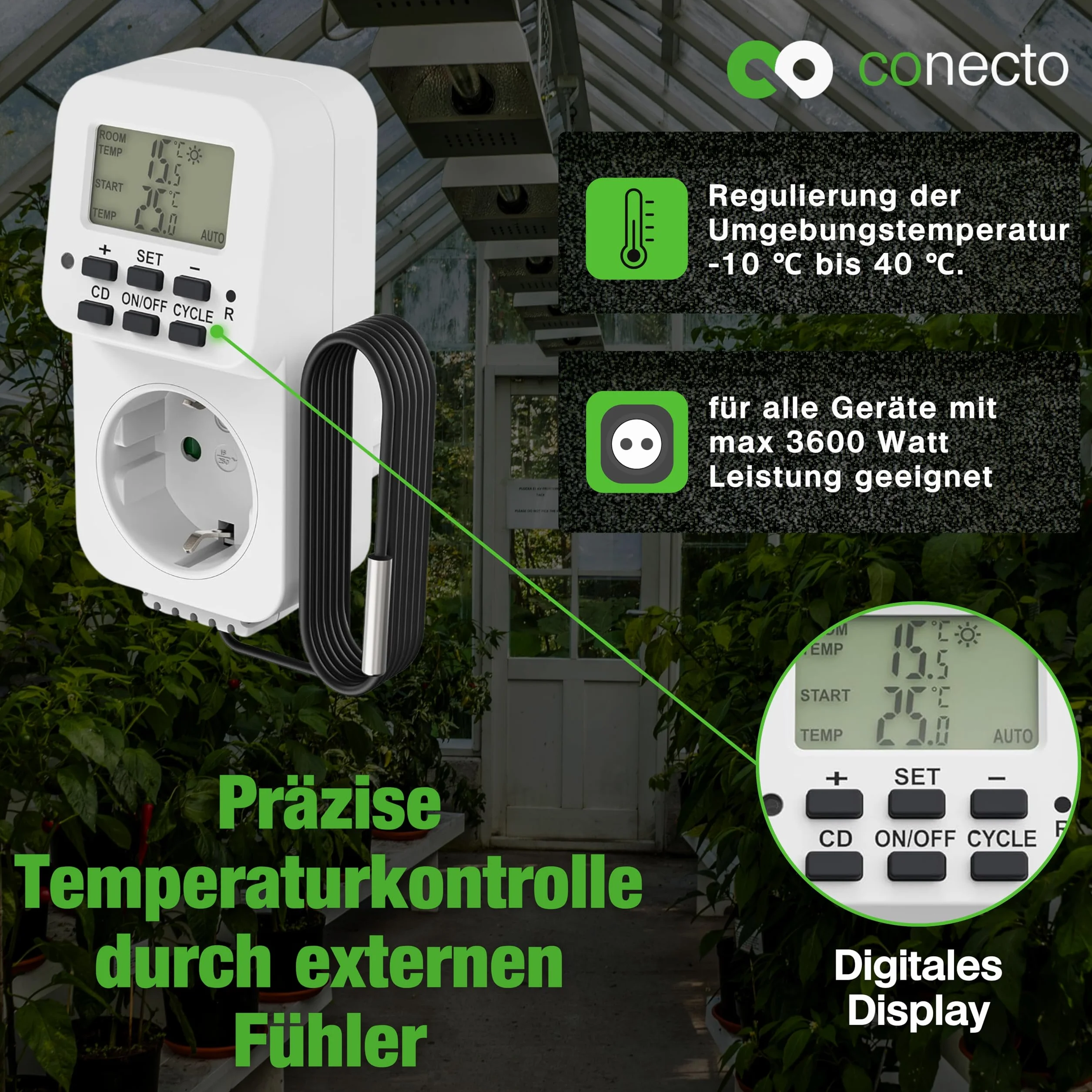 conecto Cyfrowy termostat z czujnikiem zewnętrznym i timerem do terrarium, szklarni, palacza, ogrzewania, regulator temperatury, mróz, 3600 W, biały