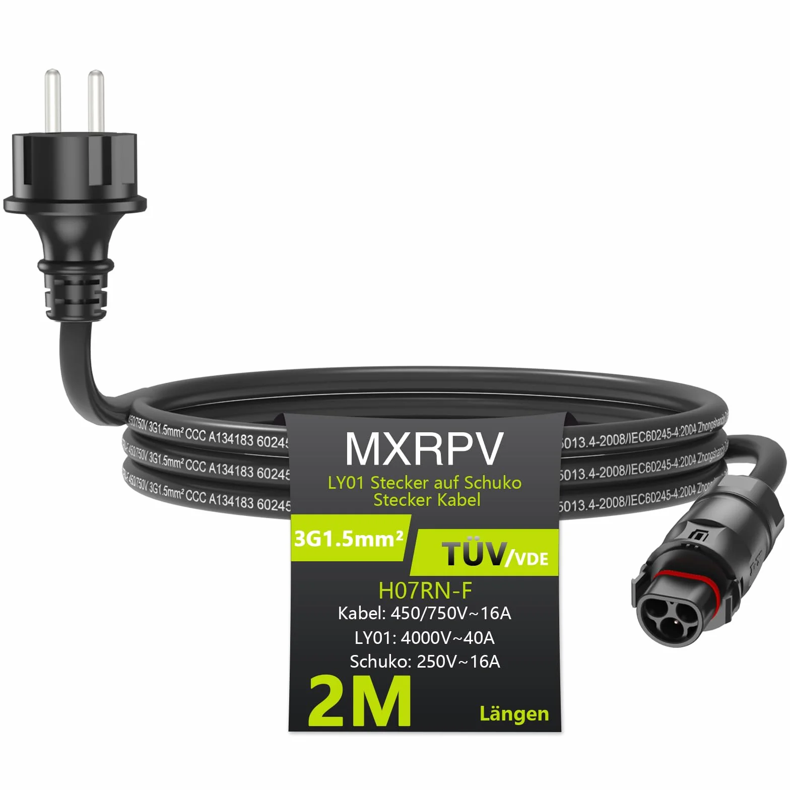 LY01 Kabel 2/3/5/10M, LY01 do adaptera Schuko, LY-01 gniazdo na wtyczkę Schuko AC, kabel do gniazdka solarnego PV dla mikroinwertera Deye SUN-M50/80/100/160/200-G4-EU-Q0 (2 metry)