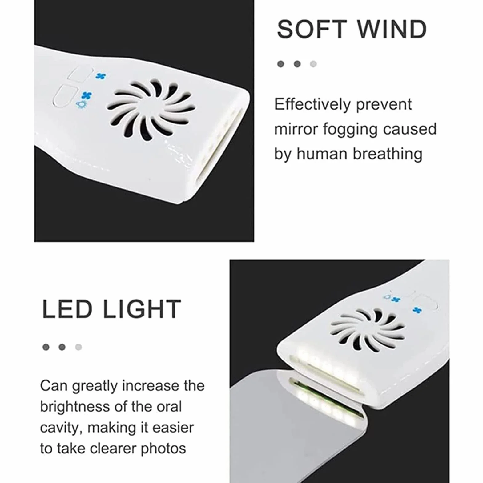 Lusterko dentystyczne LED Anti-Fog z wentylatorem, dwustronne z 4 soczewkami