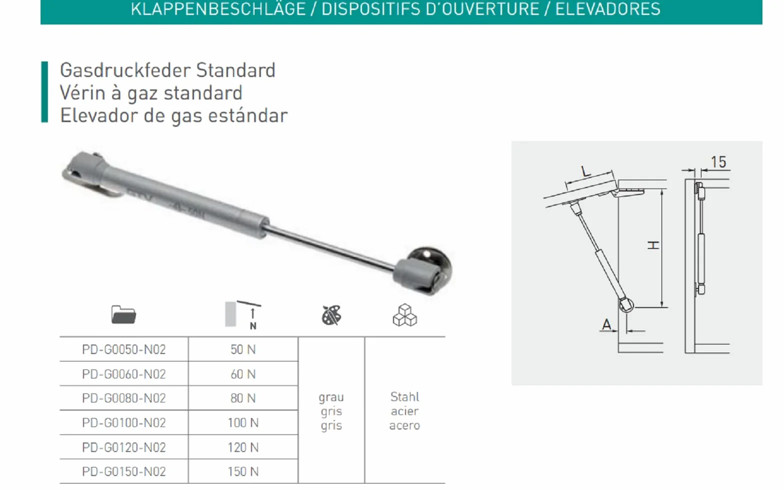 GTV Podnośnik gazowy Standard 50N, szary, podnośnik gazowy do zachodzących na siebie drzwi, kąt otwarcia 75-100°, do frontów masywnych i aluminiowych, wysokość frontu do 600 mm