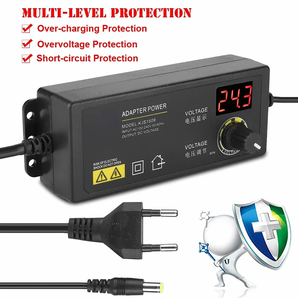 Uniwersalny Regulowany Adapter Sieciowy 60W AC/DC 3V-36V Regulowany z Cyfrowym Wyświetlaczem, Szeroki Zakres Regulowany Adapter Sieciowy dla Listw LED, Monitorów LCD, Silników (1,7A)