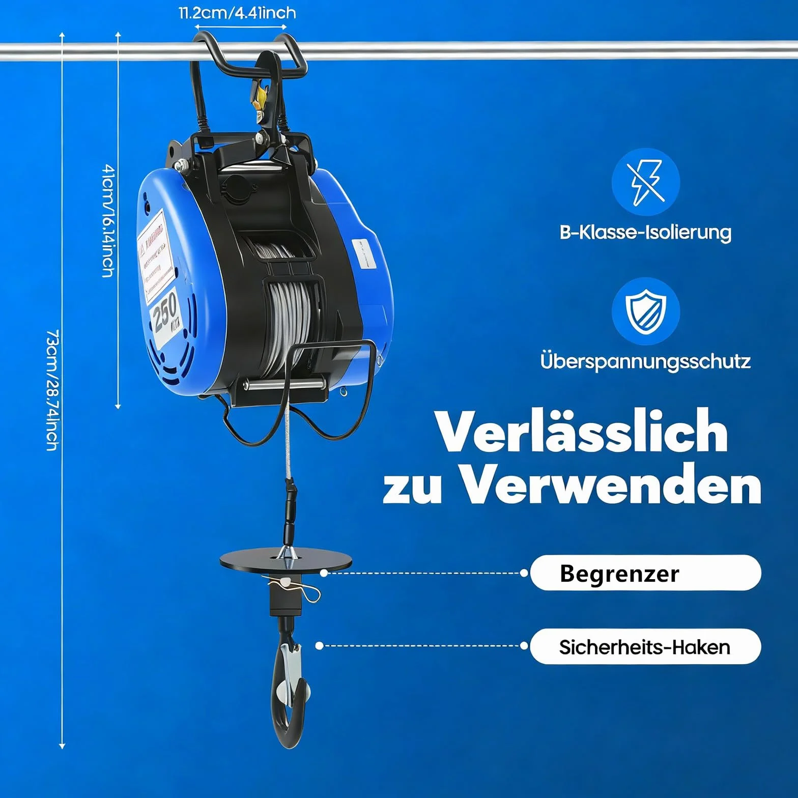 Mobilna wciągarka elektryczna 230 V, 250 kg, nośność 19 m/min, bezprzewodowy pilot zdalnego sterowania (100 m), z bateriami, uchwyt sterujący kablem 1500 W, wysokość podnoszenia 29 m, linka druciana
