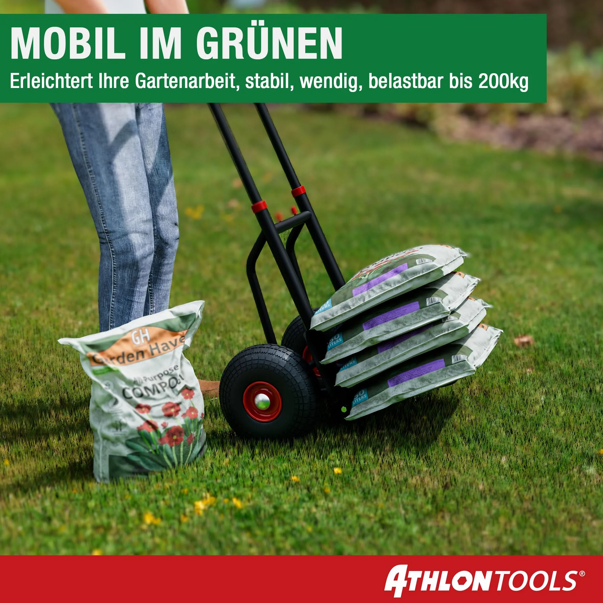 ATHLON TOOLS Wózek transportowy do dużych obciążeń, składany, 200 kg – stalowa rama z oponami wypełnionymi powietrzem, duże koła płynnie poruszają się i nie powodują wstrząsów, składany, zajmuje mało