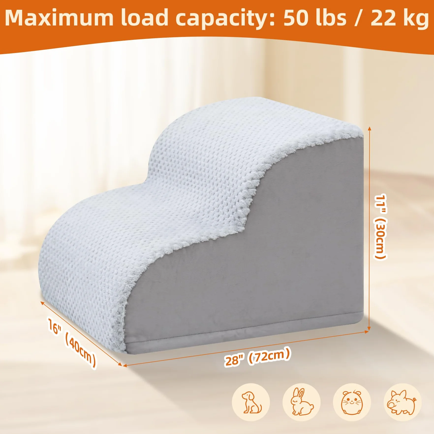 KSIIA Schody dla psa, 2 stopnie, wysokość 30 cm, schodki dla małych psów, rampa dla kotów, z pokrowcem nadającym się do prania, na łóżko, kanapę, sofę i do samochodu, 40 x 40 x 30 cm, szare