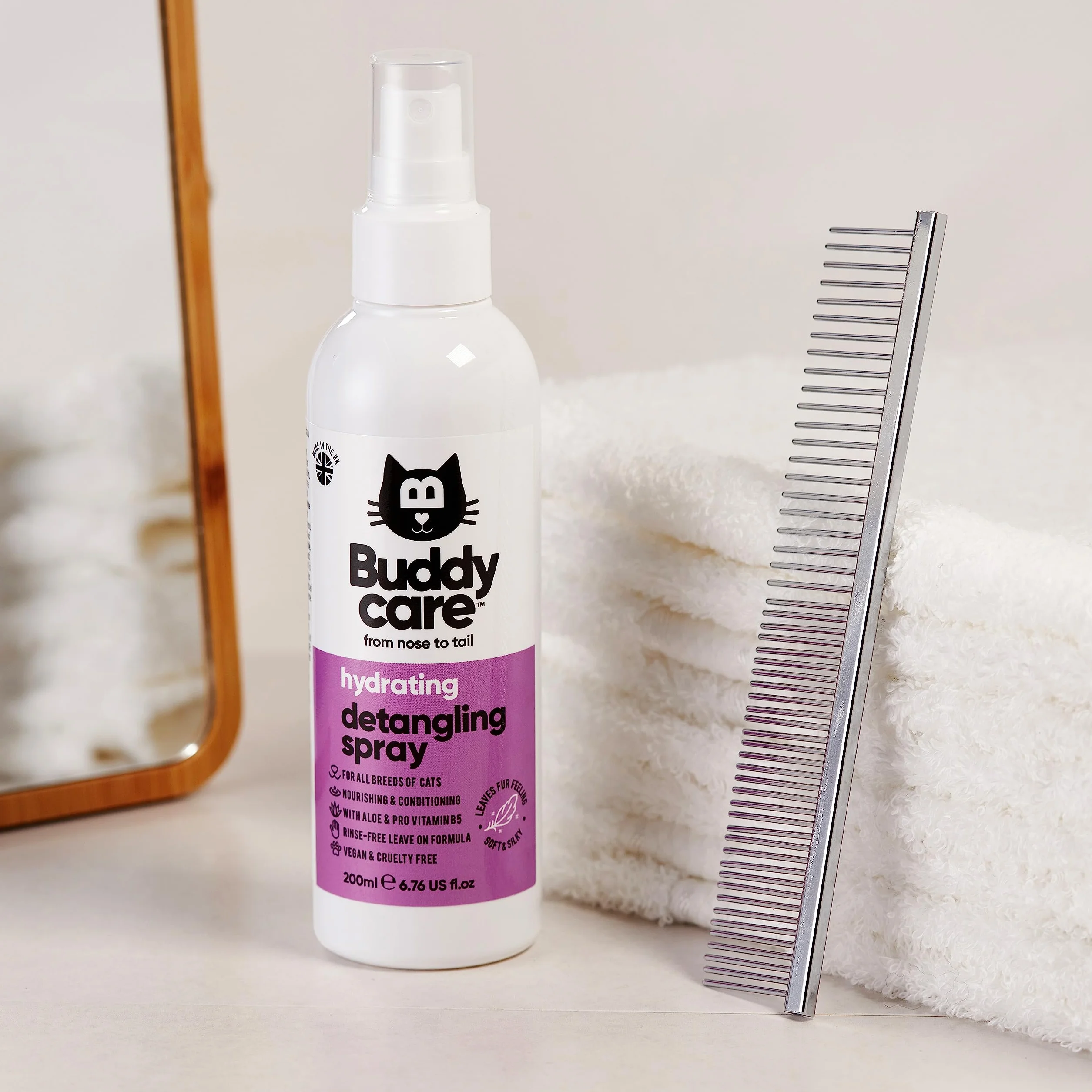 Buddycare Spray do rozczesywania kotów – skuteczny środek do usuwania sierści i rozczesywania sierści kota w celu promowania zdrowego płaszcza, łatwo usuwa matowe włosy, zapewniając gładką i