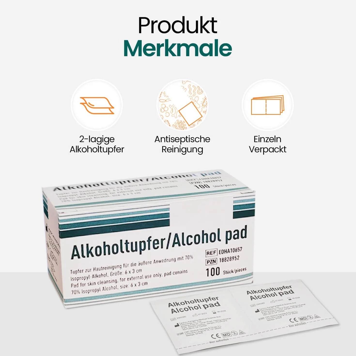 Waciki nasączone alkoholem 70% izopropylowym 200 sztuk, pakowane pojedynczo