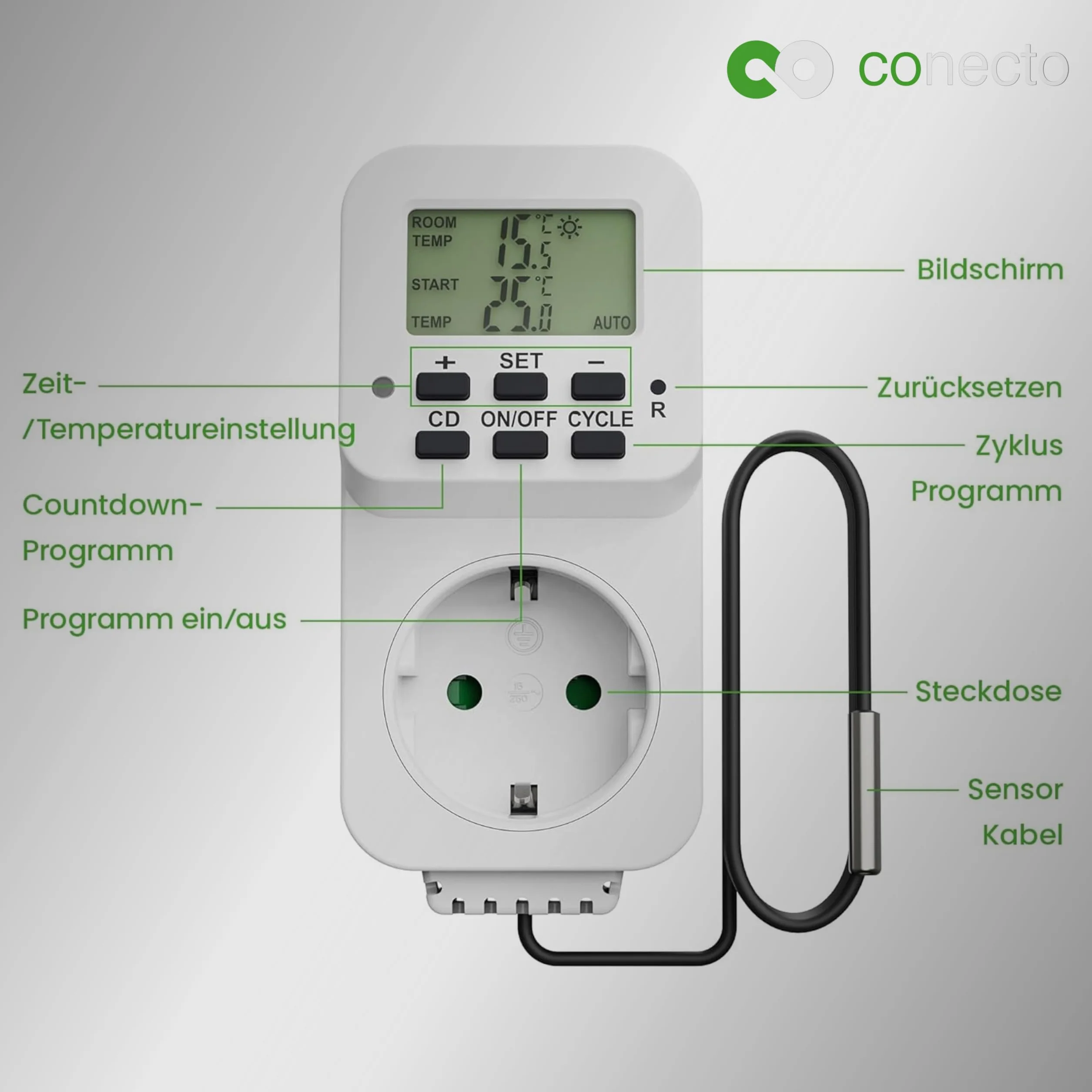 conecto Cyfrowy termostat z czujnikiem zewnętrznym i timerem do terrarium, szklarni, palacza, ogrzewania, regulator temperatury, mróz, 3600 W, biały
