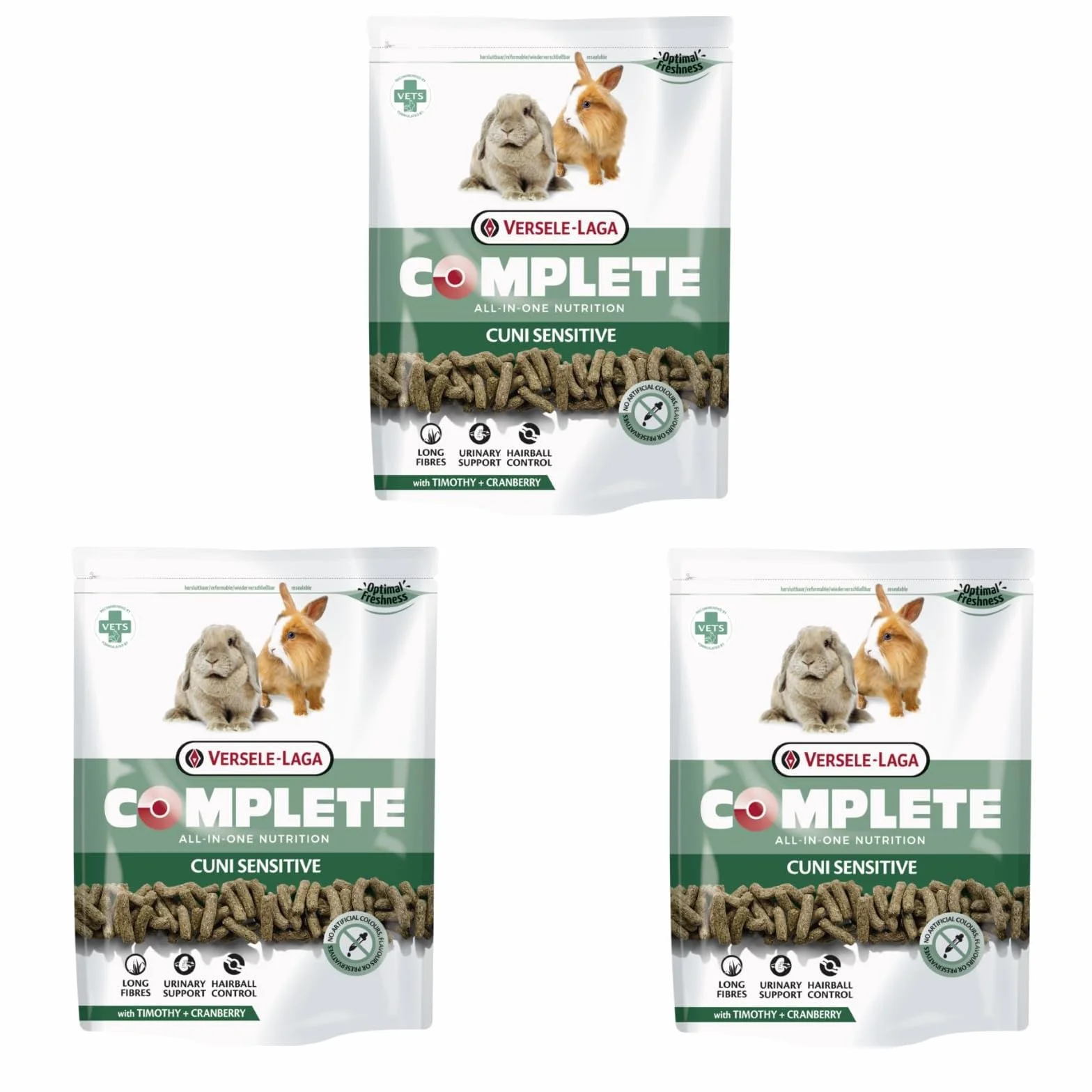 Versele-Laga Complete Cuni Sensitive | Opakowanie 3 szt. | 3 x 500 g | pełnoziarnista karma dla królików, wsparcie w przypadku kul włosowych, granulat All-In, opracowany przez weterynarzy
