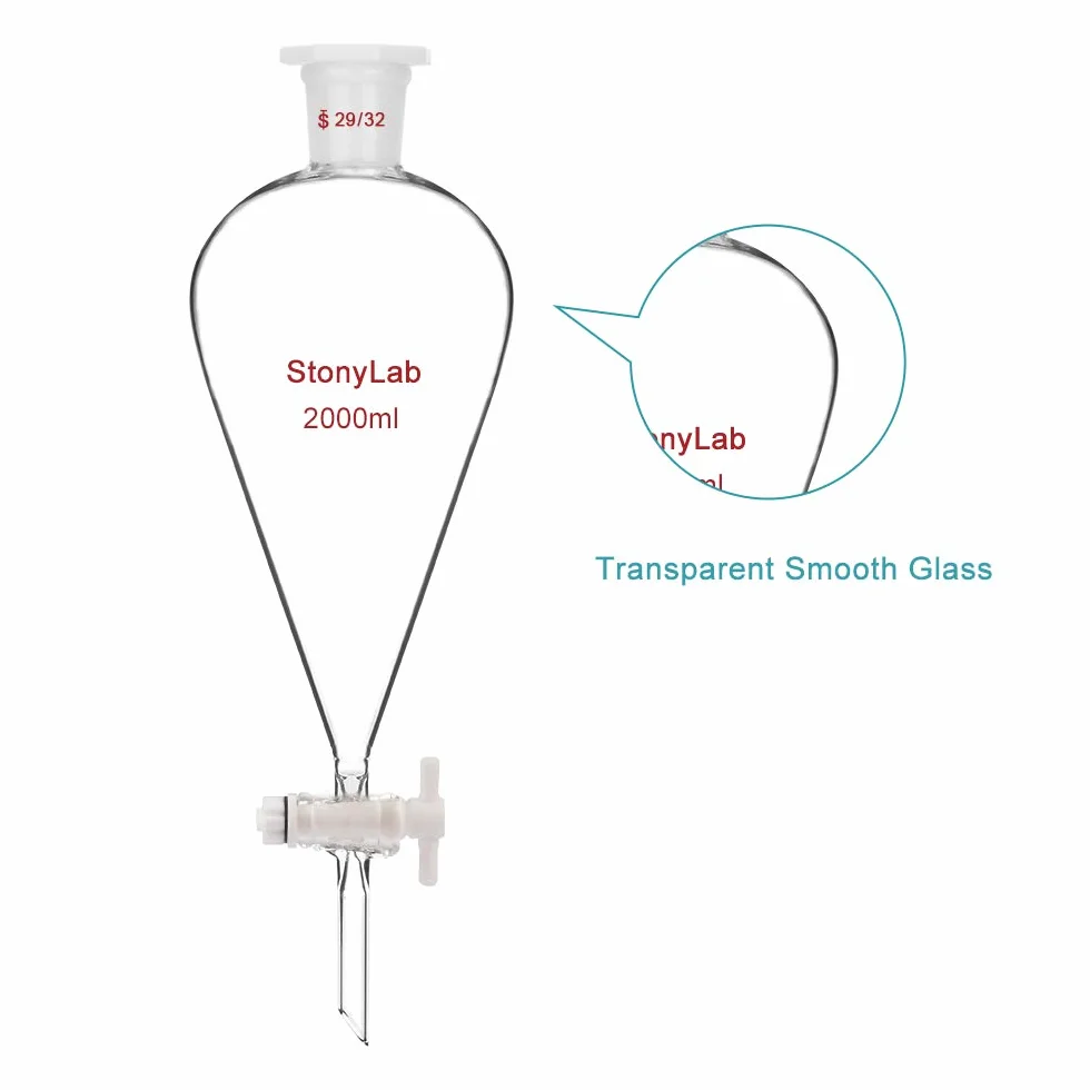 StonyLab Szkło borokrzemowe 2000 ml ciężki lejek separacyjny ze stożkiem 29/32 przegubami i korek PTFE, 2 l (2 litry)