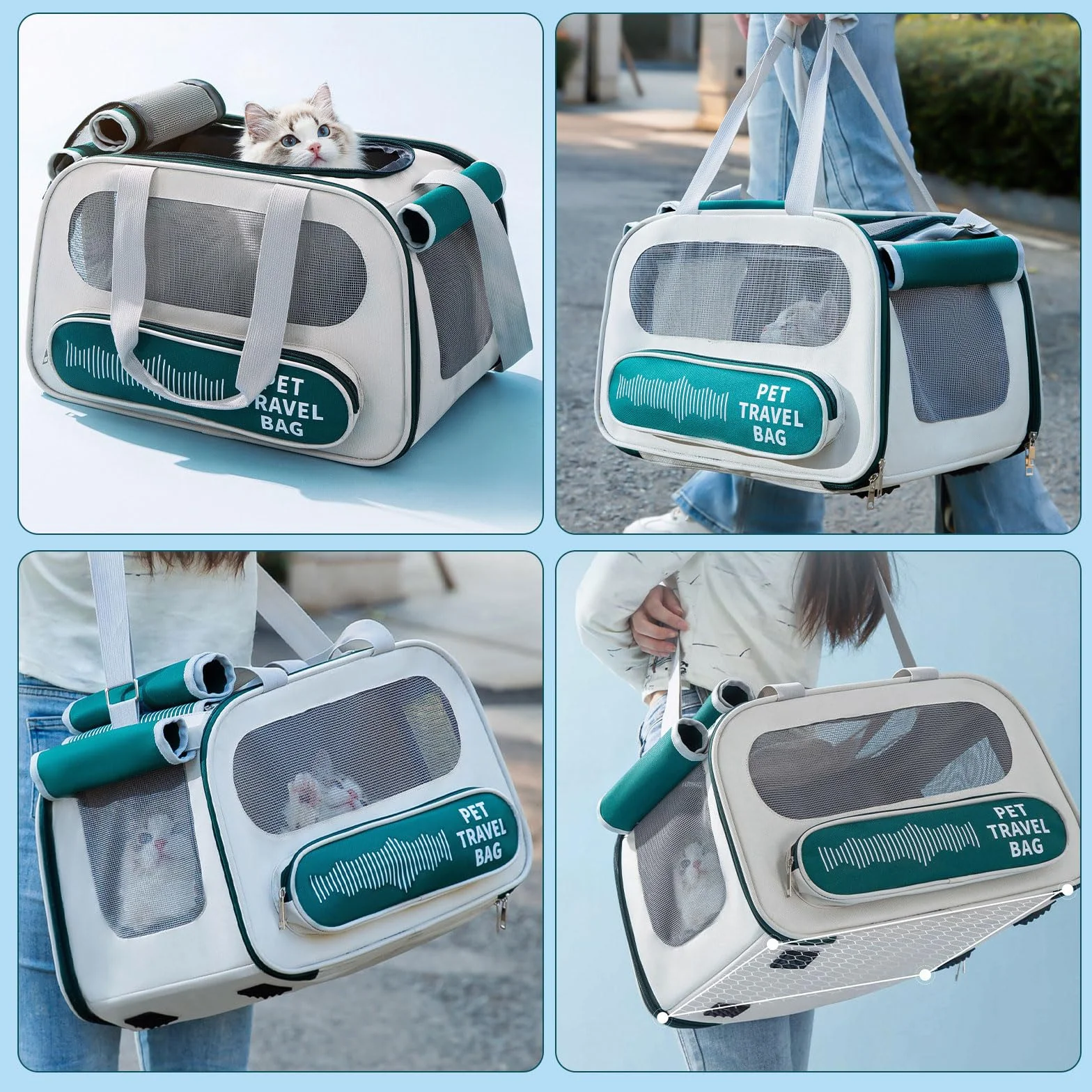 PETCUTE Torba transportowa dla zwierząt domowych, składany transporter dla psa kota z miękkim materacem, smycz bezpieczeństwa, oddychająca torba transportowa dla zwierząt domowych, psów, kotów,
