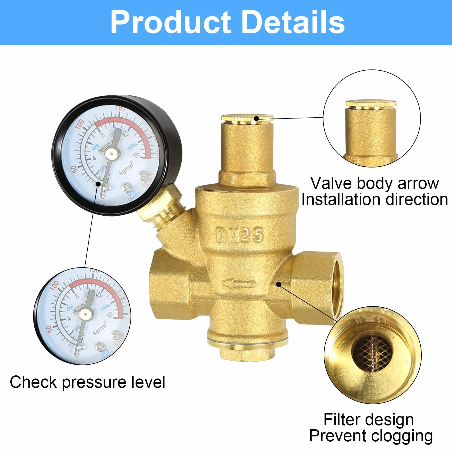 Regulator ciśnienia wody 1 cal DN25 z manometrem ciśnienia wody 100% mosiądz o wysokiej twardości, reduktor ciśnienia wody reduktor ciśnienia wody reduktor ciśnienia wody 1 cal