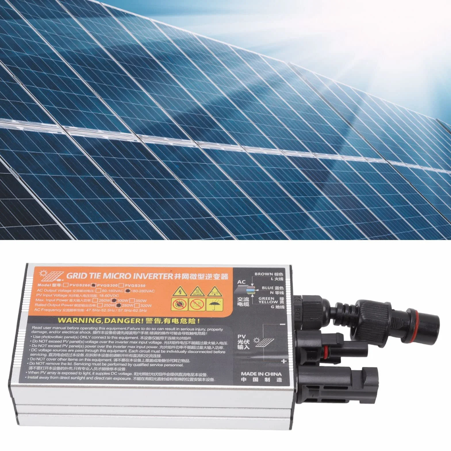 Mikroinwerter Solarny o Mocy 500 W. Wysoki Współczynnik konwersji. Materiał ze Stopu aluminium. Łatwa obsługa. Nadaje się do Paneli Słonecznych (PVGS-300W(18-60V)-AC220V)
