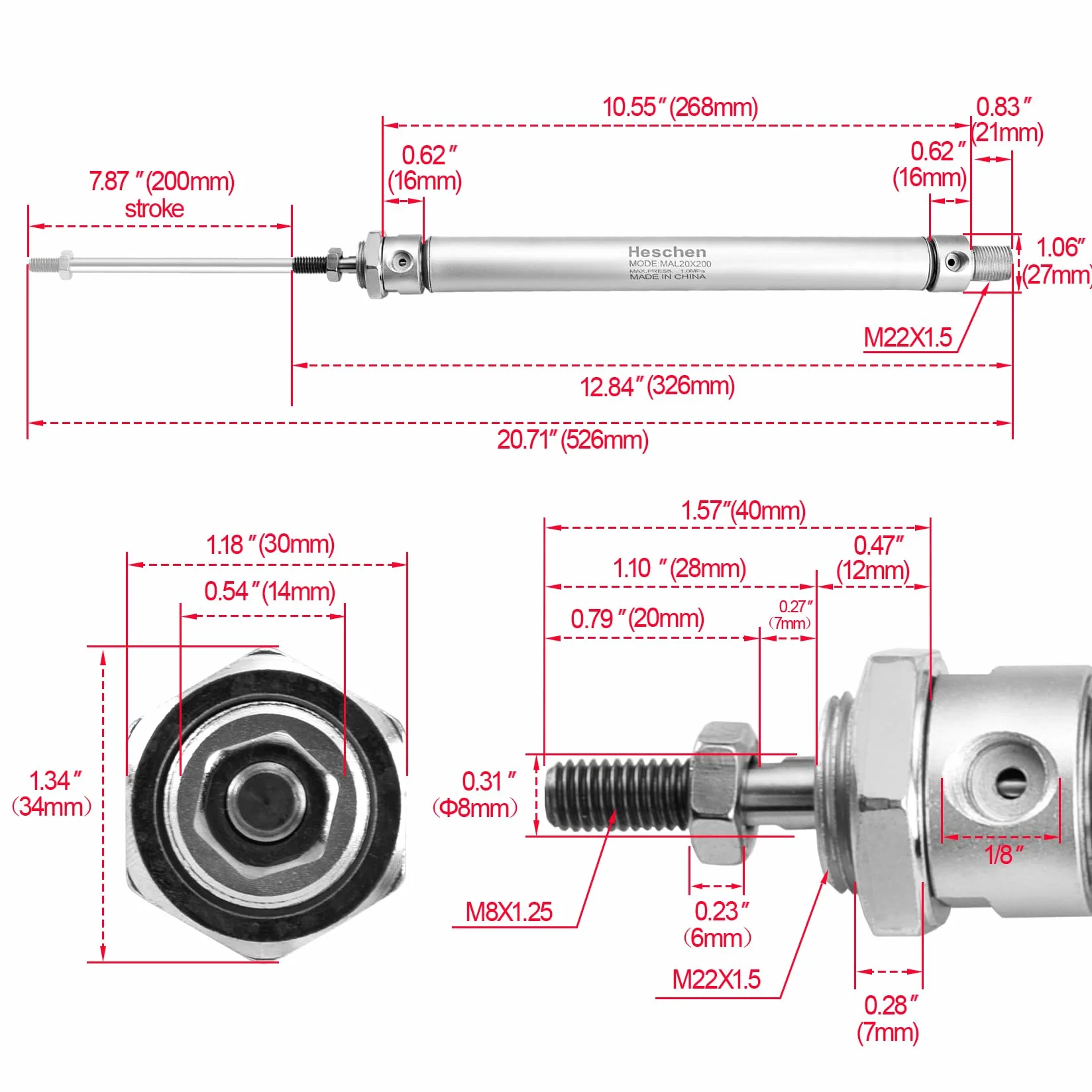 Heschen pneumatyczny cylinder MAL 20-200 PT1/8 20mm otwór 200mm skok podwójne działanie