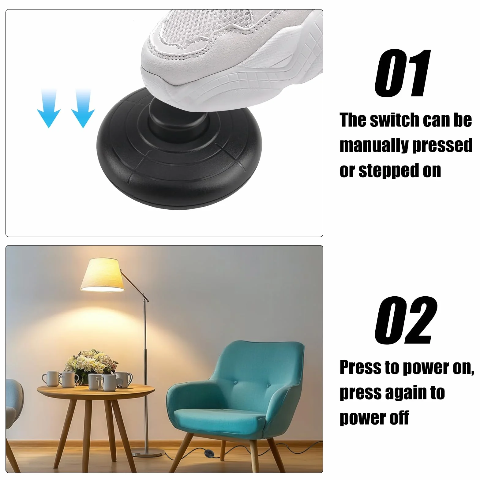 2 sztuki włączników nożnych do lamp, samoblokujący, 2 A, 250 V, do kabli 2- lub 3-żyłowych, lamp i małych urządzeń lub lamp, włącznik światła (czarny)