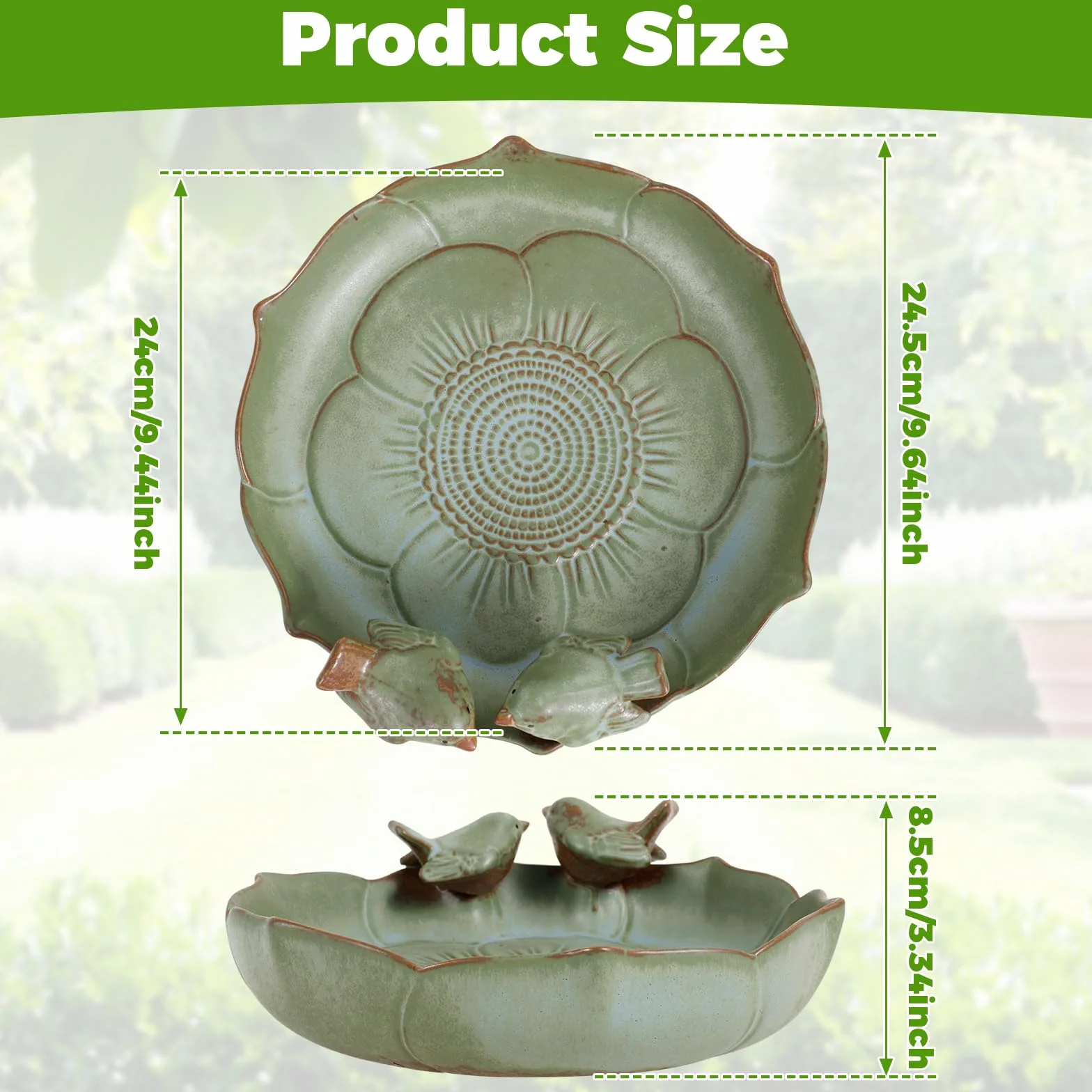 Poidło dla ptaków, odporne na zimę, okrągłe, 24 cm, ceramiczne, glazurowane, z 2 dekoracyjnymi ptakami, poidło dla ptaków w stylu vintage, do ogrodu, na taras, balkon i trawnik
