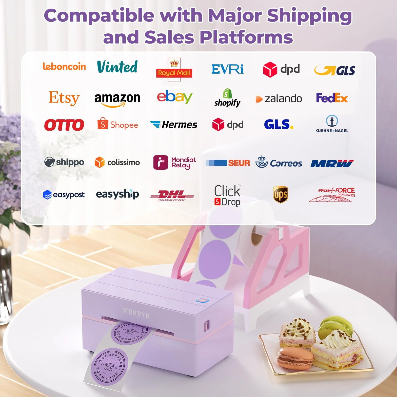 Drukarka Etykiet MUNBYN DHL (Bluetooth), Drukarka Etykiet Wysyłkowych 4x6, Termiczna Drukarka Etykiet dla Shopify, Zalando, Allegro, Etsy, DPD, UPS, w Zestawie 25 Etykiet, ITPP130B (Fioletowa)