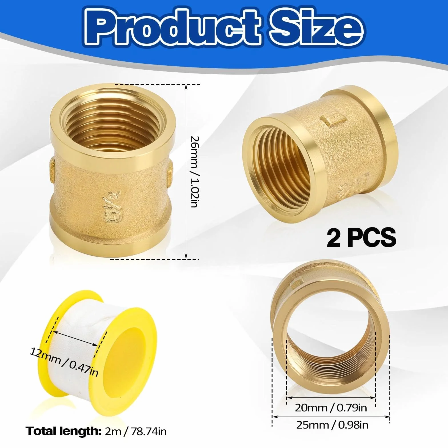 Mosiężny adapter mufy 1/2 cala G1/2" (20 mm) podwójna mufa z taśmą uszczelniającą do rur wodnych
