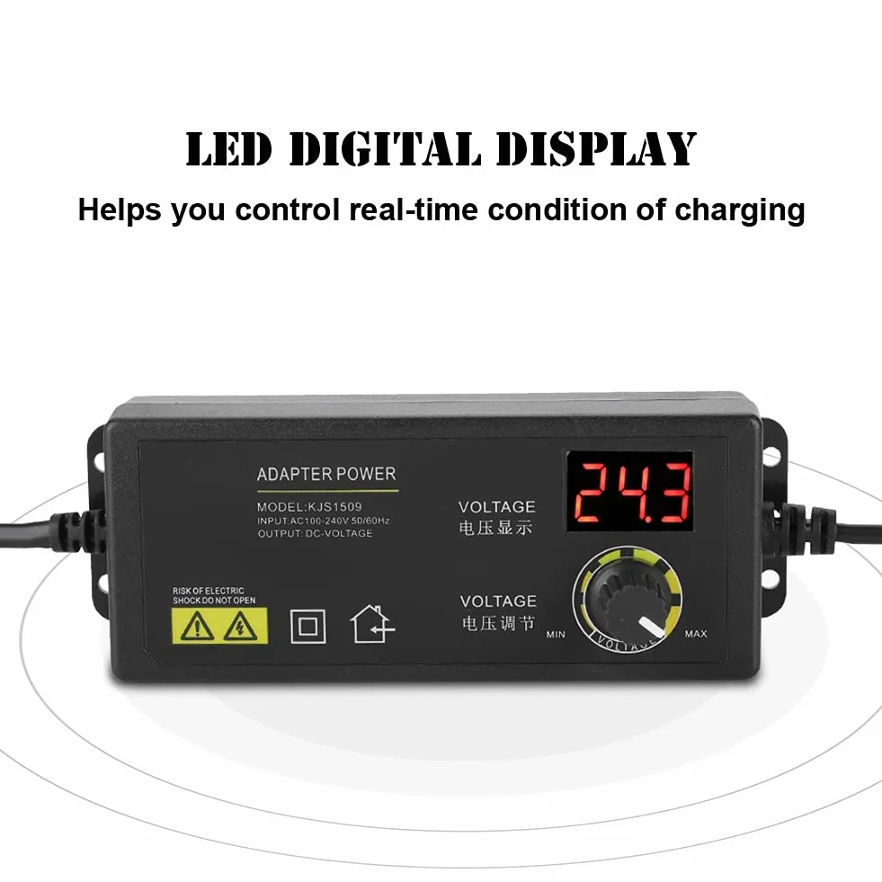 Uniwersalny Regulowany Adapter Sieciowy 60W AC/DC 3V-36V Regulowany z Cyfrowym Wyświetlaczem, Szeroki Zakres Regulowany Adapter Sieciowy dla Listw LED, Monitorów LCD, Silników (1,7A)