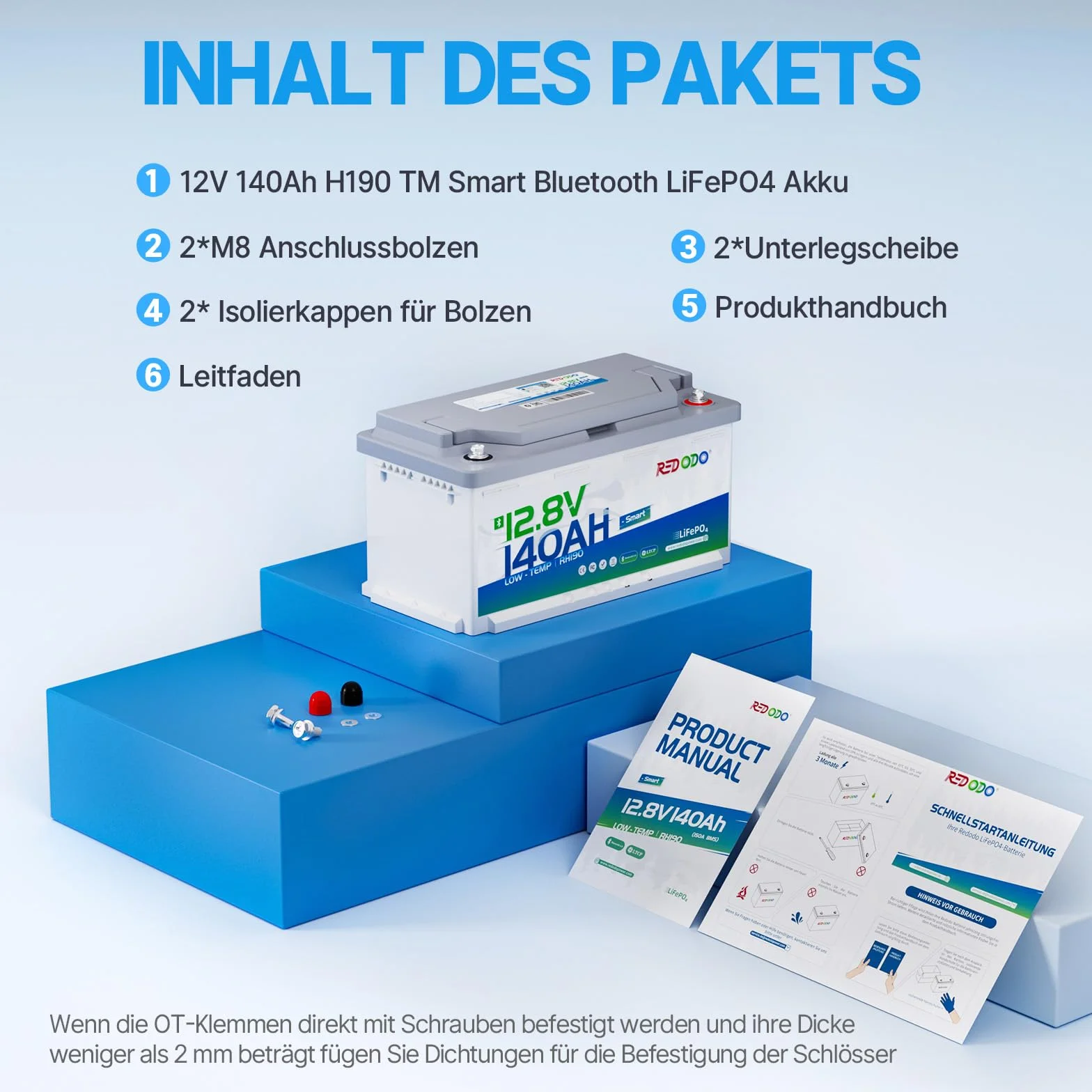 Redodo 12V 140Ah LiFePO4 Bluetooth Akumulator głębokiego cyklu 1792Wh BMS 150A H190 189mm