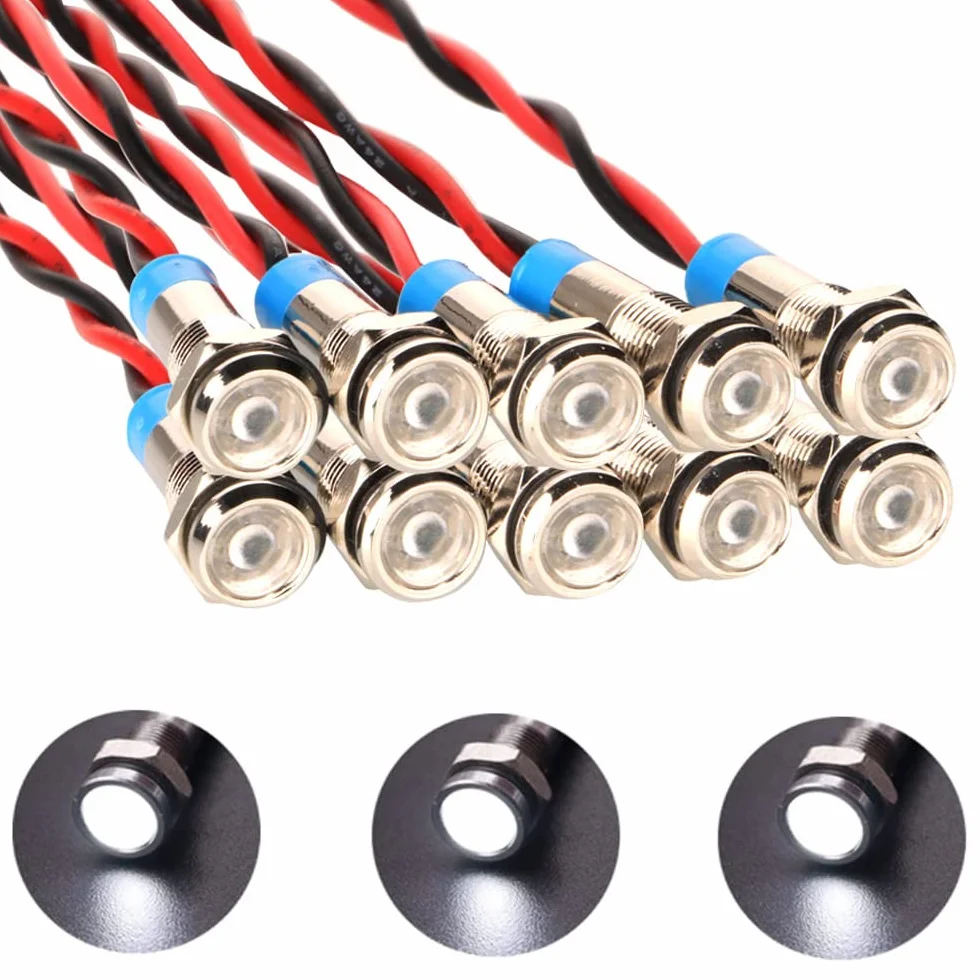 Gebildet 10 Sztuk 6mm 1/4" AC/DC 12-24V Led Metalowy Wskaźnik Świetlny Wodoodporna Lampka Sygnalizacyjna Pilot Dash Kierunkowa Z Przewodem (Biały)
