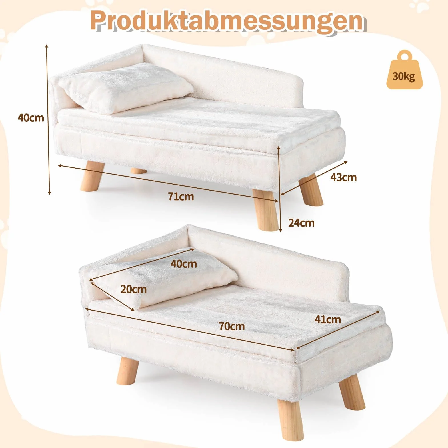 COSTWAY Luksusowa sofa dla kota, podwyższone legowisko dla kota, kanapa z 2 zdejmowanymi poduszkami, oparciem i drewnianymi nogami, miękka, dla średnich i małych kotów, sofa dla psów do wnętrz, biała