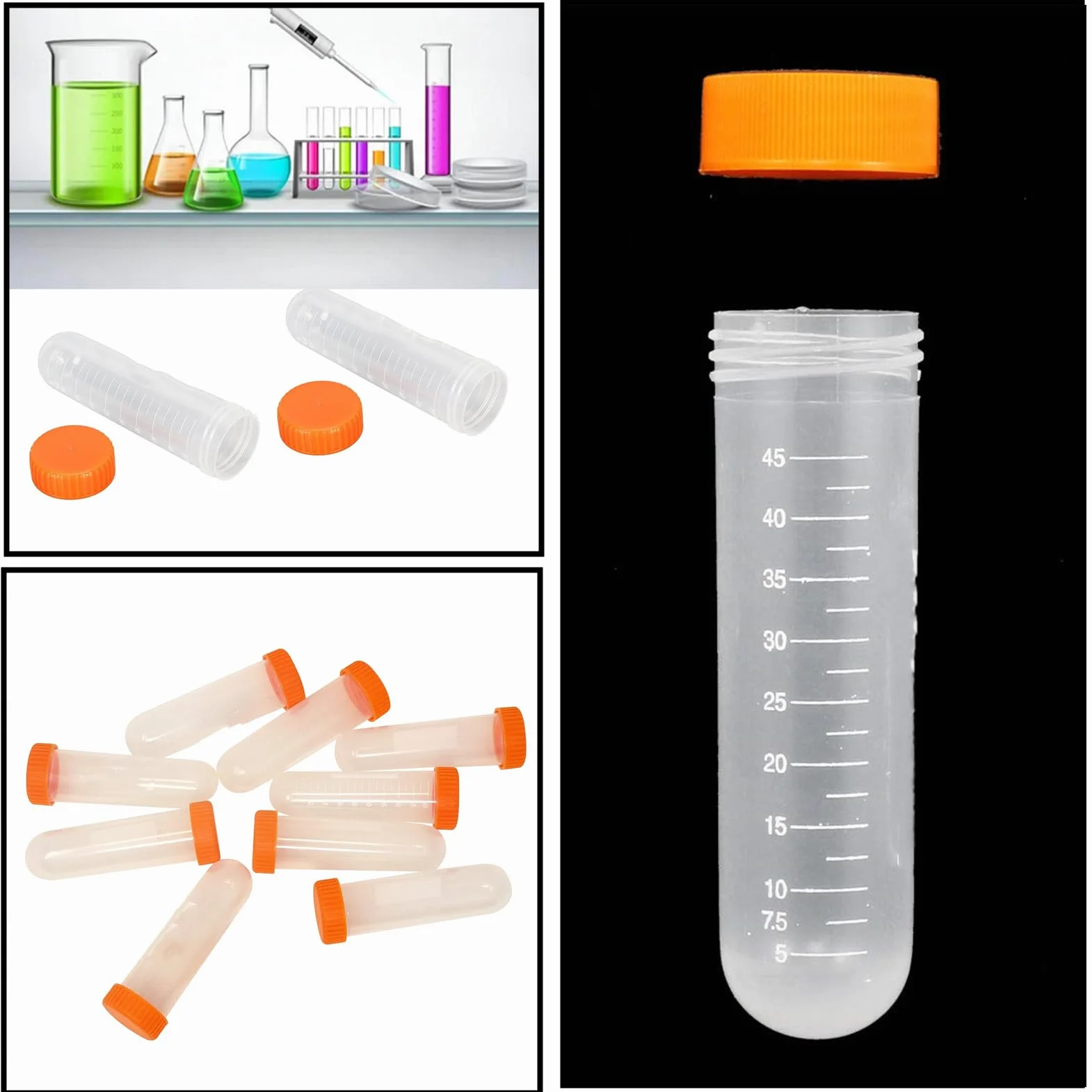 HUAZIZ 20 sztuk plastikowych probówek do probówek wirówkowych, 50 ml probówek z nakrętkami śrubowymi do laboratoryjnych eksperymentów chemicznych, zaokrąglone dno
