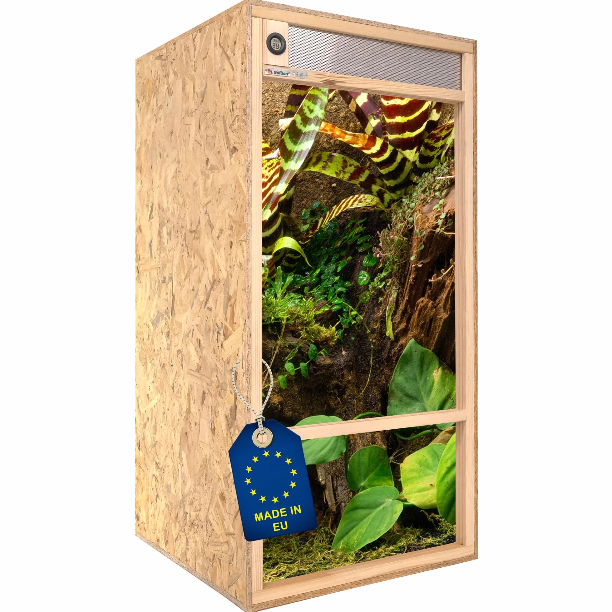 ITA Wysokie terrarium 60 x 120 x 60 cm z wentylacją z przodu i wbudowanym higrometrem – drewniane terrarium z płyt OSB-3 – terraria dla gadów, węży, płazów – produkt UE, certyfikat FSC