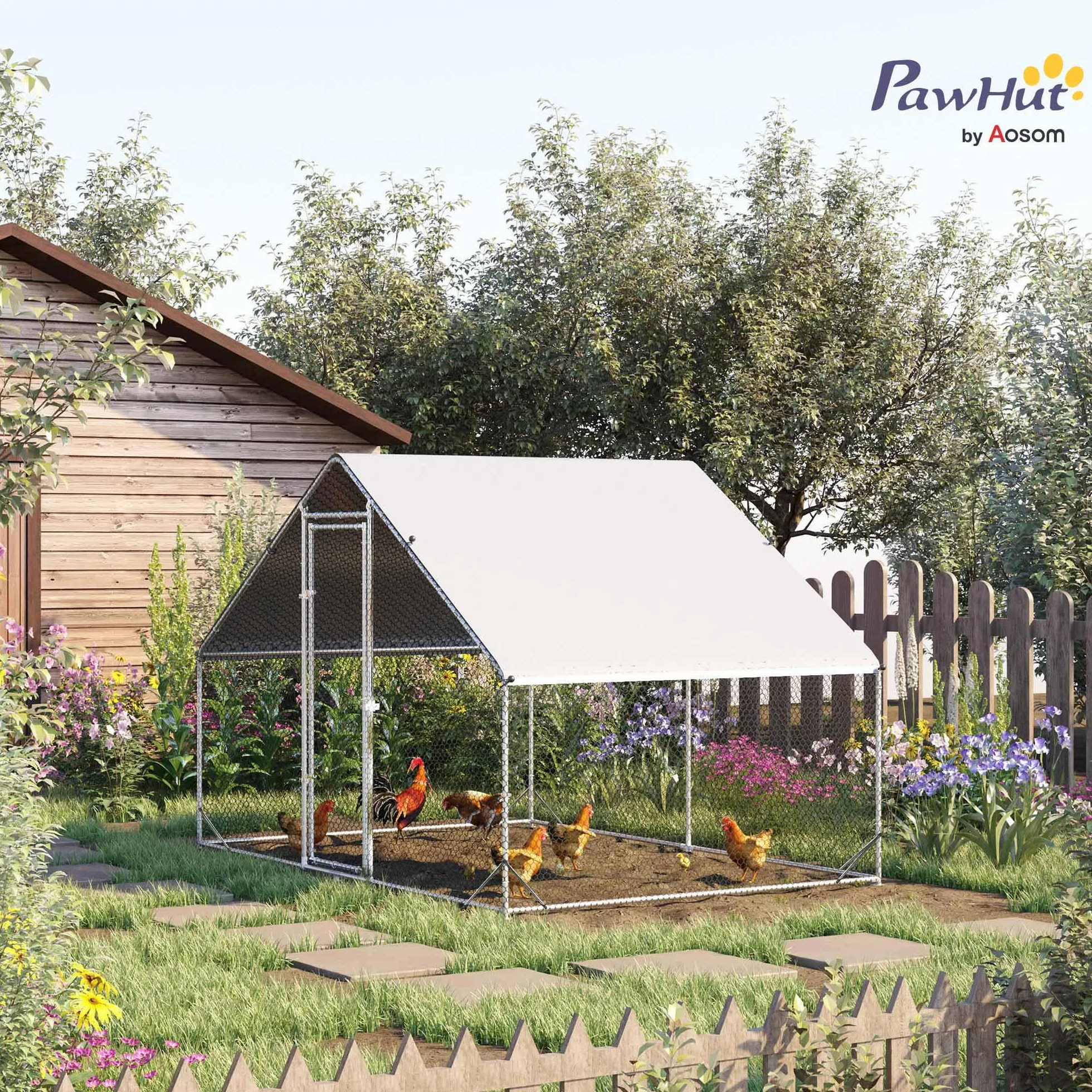 PawHut Kurnik ze stali 300x200x200 cm klatka dla kur z osłoną drzwiami wybieg dla 4-6 kur srebrny