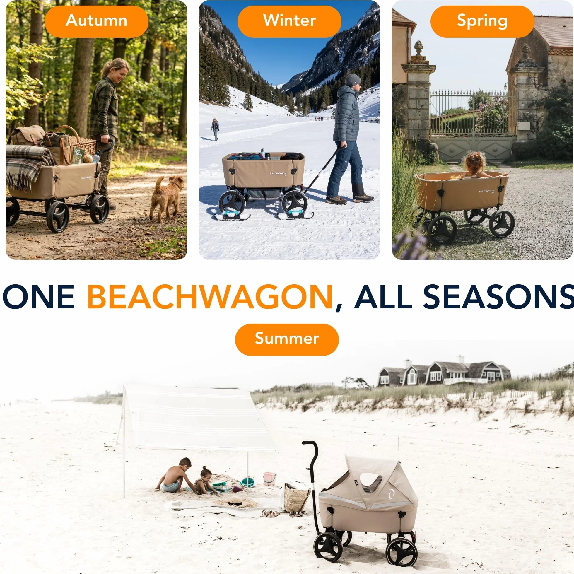 Beach Wagon Wózek składany LITE piaskowo-brązowy – nośność 80 kg – wózek ręczny, wózek plażowy dla dzieci, zwierząt domowych, bagaż, wózek plażowy z nadającym się do prania materiałem, 118 x 65 x 110