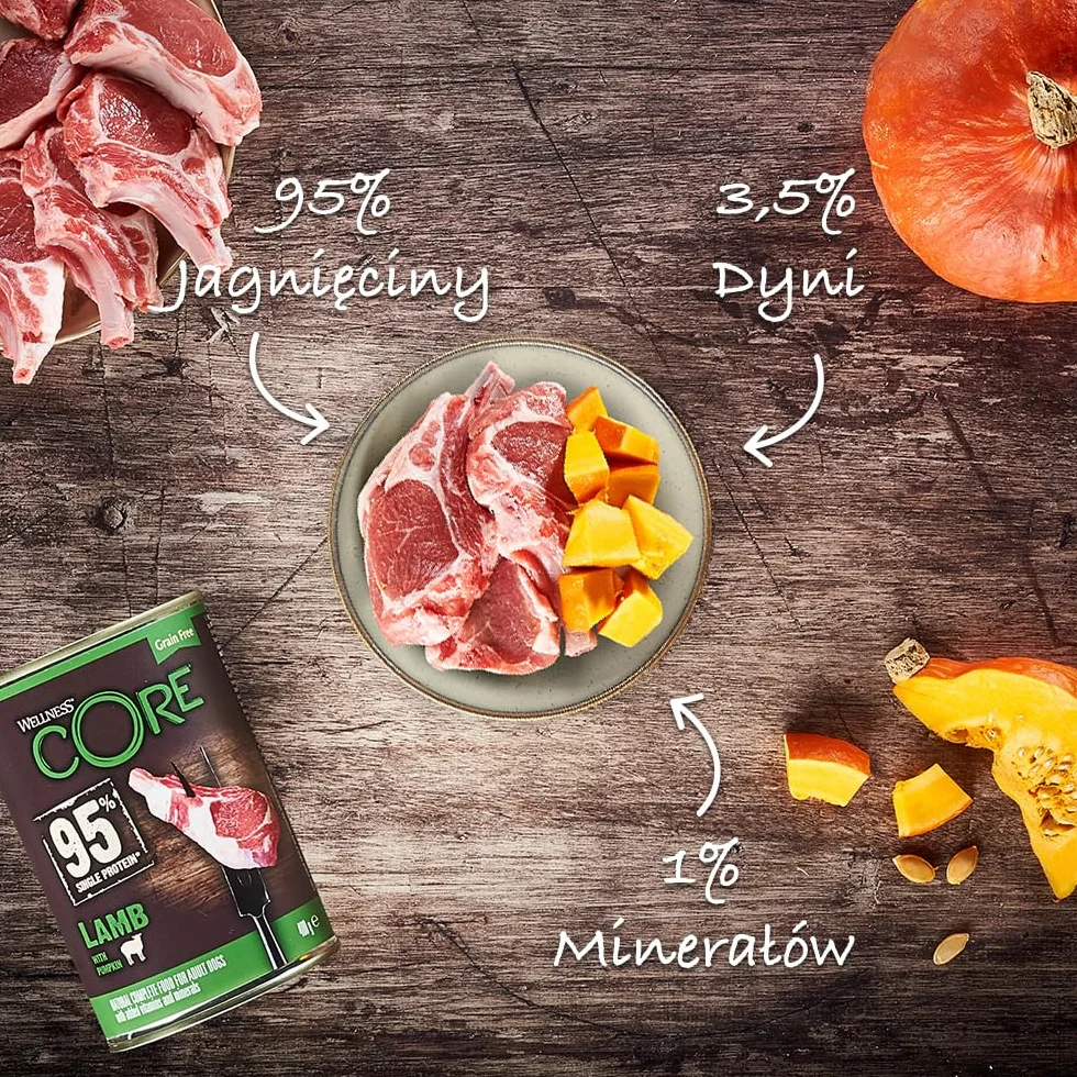 Wellness CORE 95% Jagnięcina i Dynia, 6 x 400 g, mokra karma dla psów wszystkich ras, pasztet typu Chunky, bezzbożowa, wysoka zawartość mięsa, bogata w białko, ograniczona liczba składników