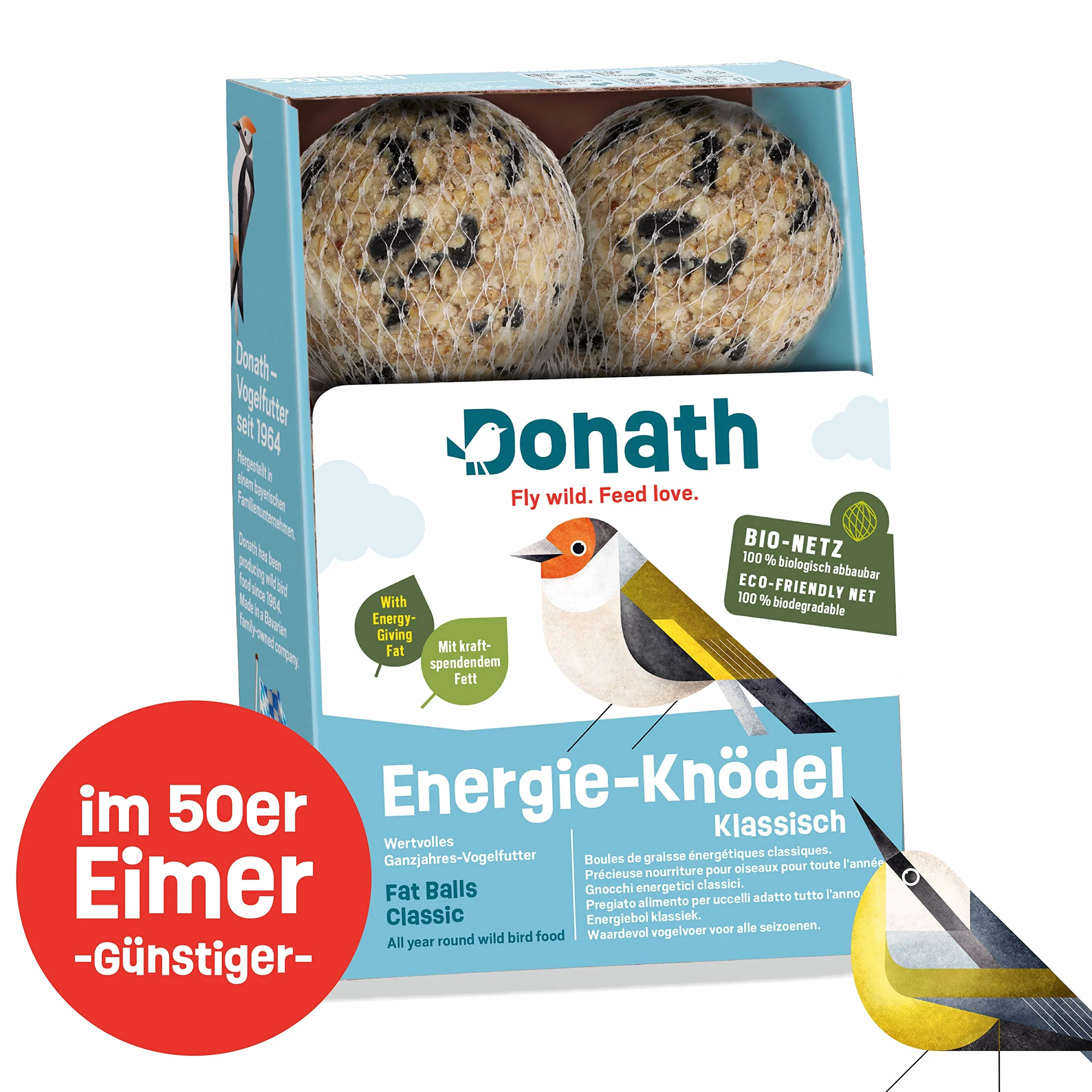 Donath energooszczędne kule klasyczne, w sieci BIO - 6 kul smalcowych w ekologicznej siatce w wiaderku ekonomicznym (6 x 100 g) - cenna całoroczna karma dla dzikich ptaków - z naszej manufaktury w południowych Niemczech