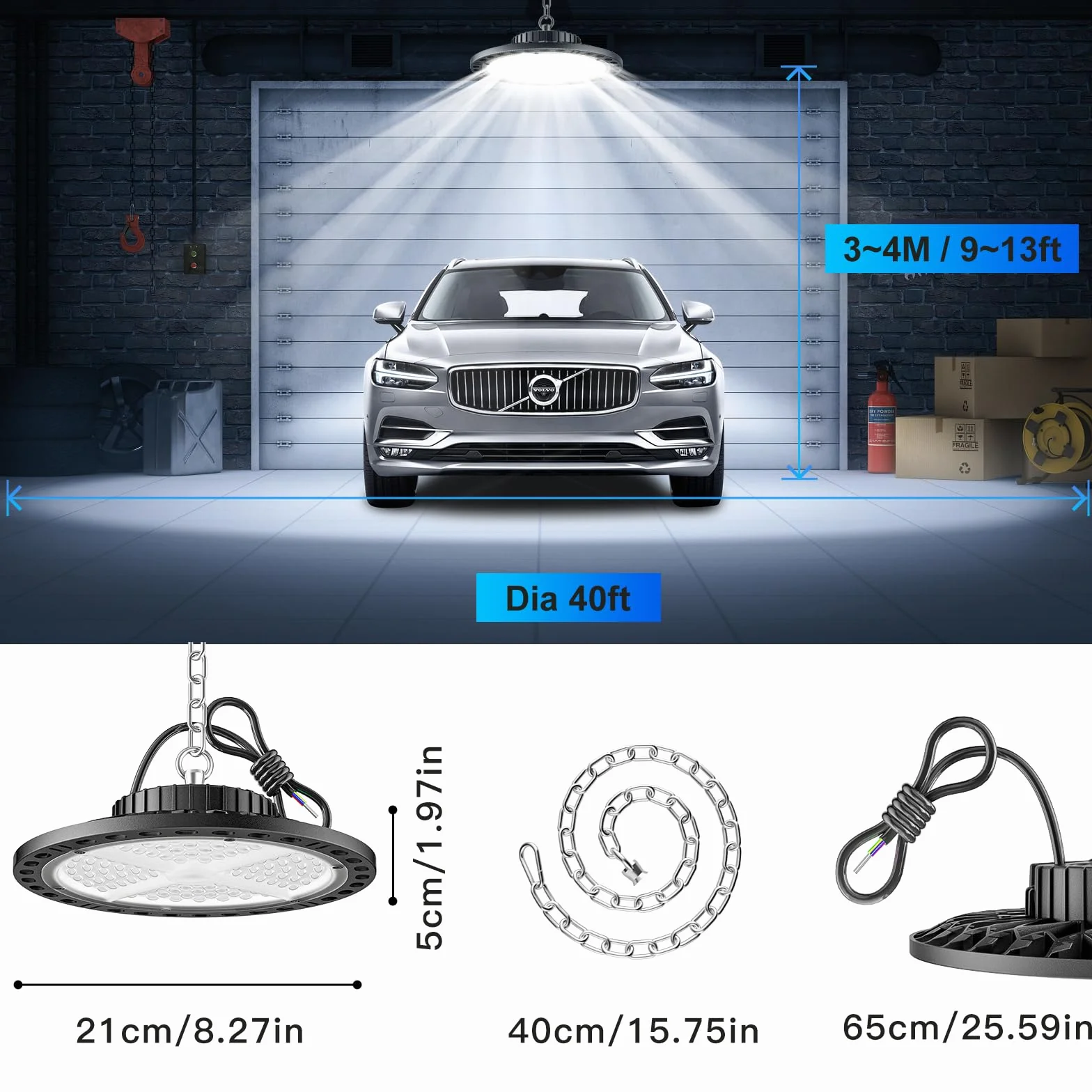 Przemysłowy reflektor LED 100 W 2 sztuki - 15000 LM UFO reflektor LED kryty reflektor LED z metalowym łańcuchem 11,8 cala, sterownik, 6500 K IP65 Lampa halowa do warsztatu, fabryk magazynów