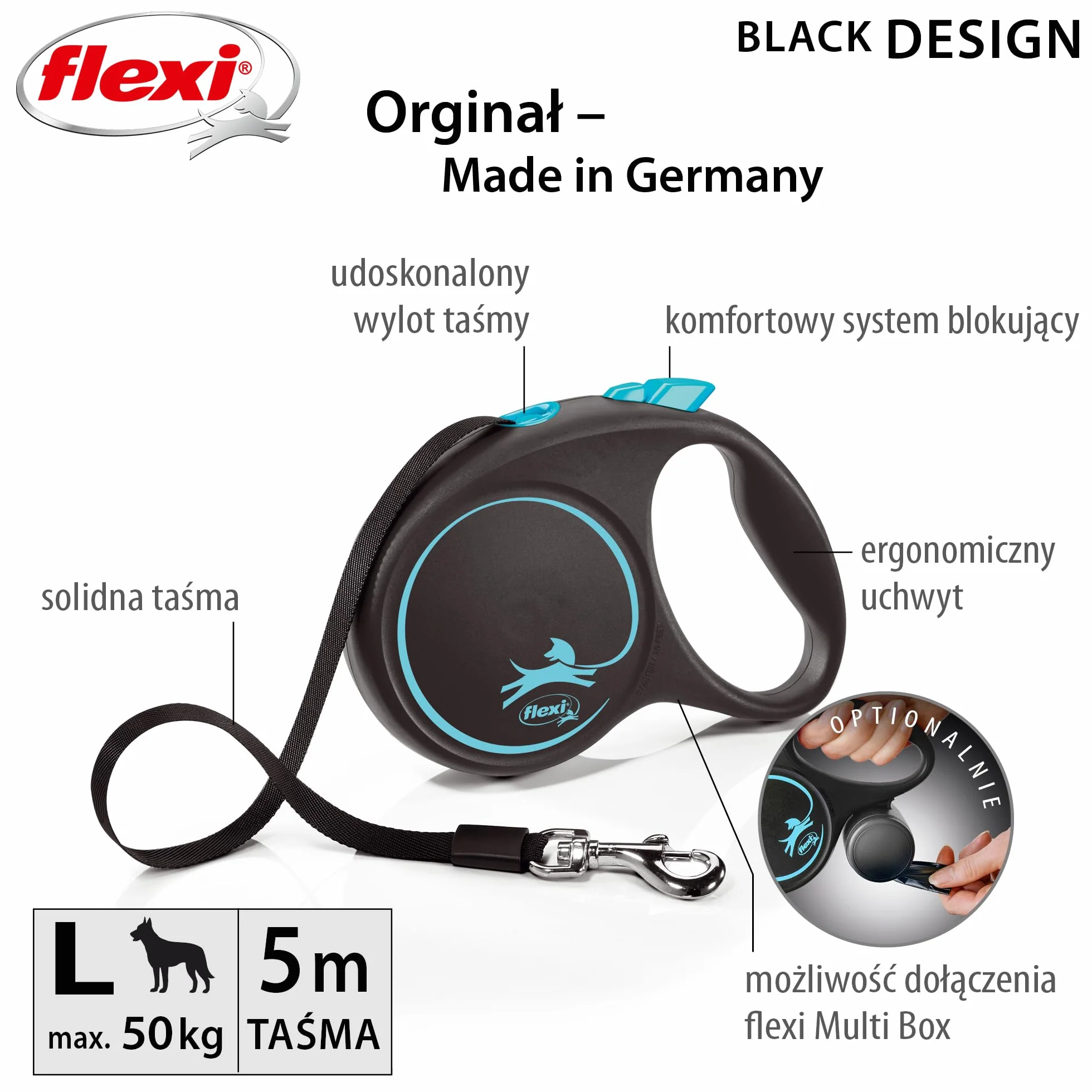 flexi smycz automatyczna Black Desing taśma L 5m niebieska