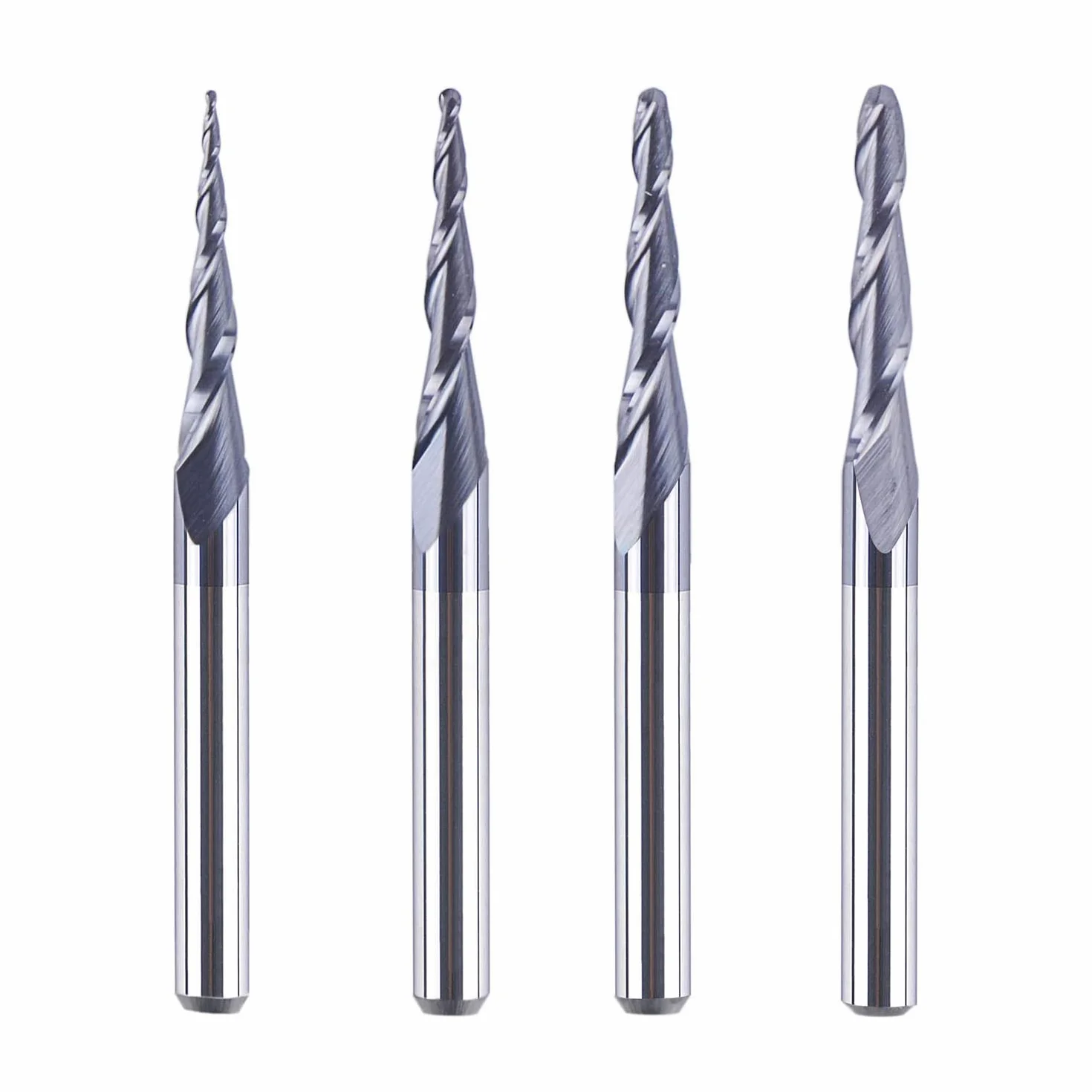 SpeTool 4-Częściowy Frez Kulisty z 2 Ostrzami i Końcówką Stożkową, CNC R0,25 mm-1,0 mm, Pełnowęglikowy z Chwytem 3,175 mm (1/8") z Powłoką TiAlN do Grawerowania 2D i 3D
