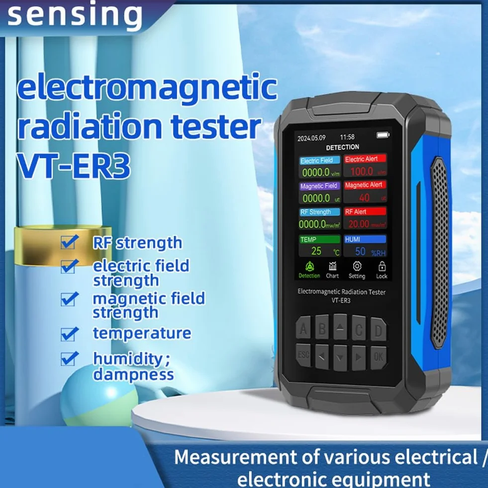 ER3 5 w 1 detektor promieniowania elektromagnetycznego – test HF i elektrycznego z pomiarem temperatury i wilgotności, czarny