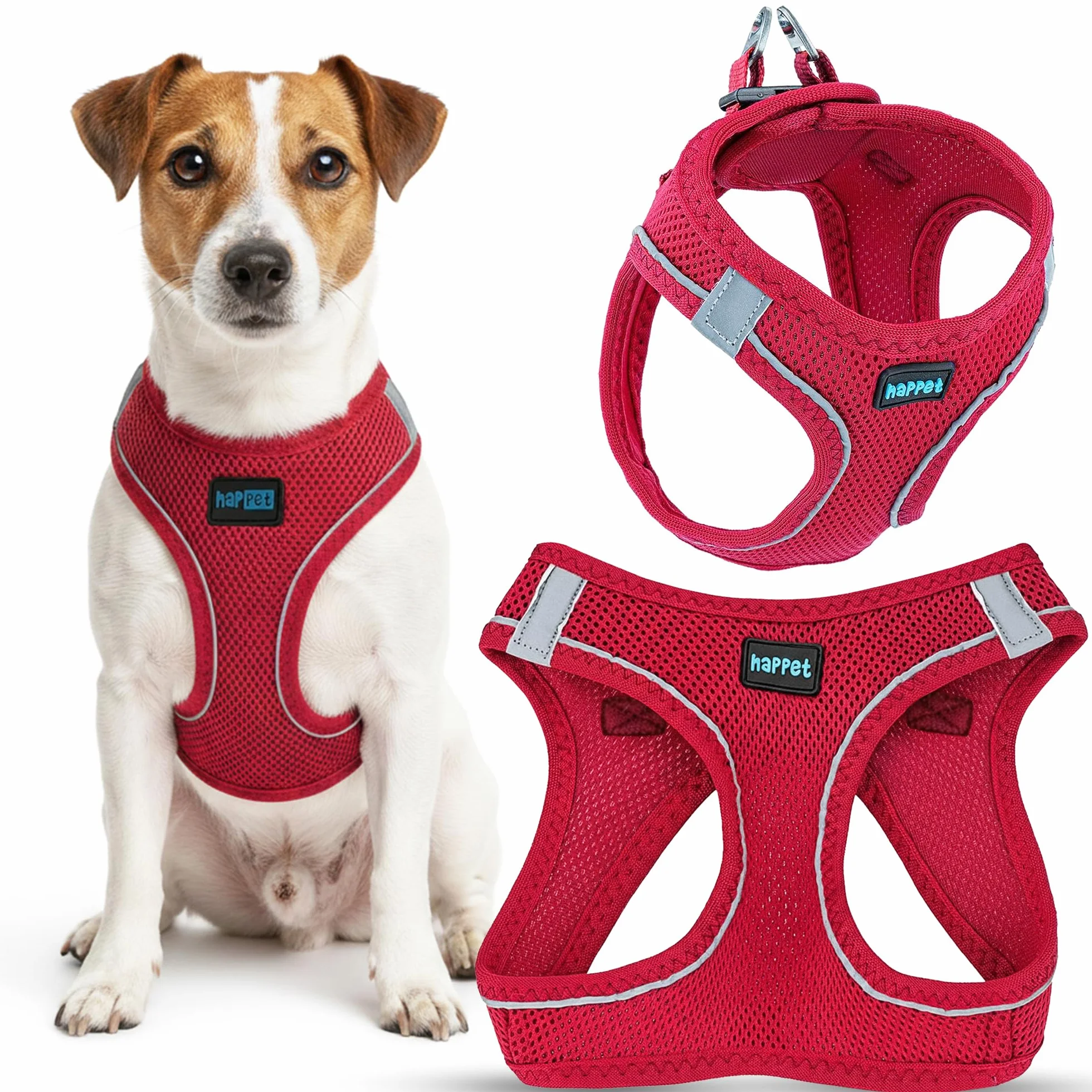 HAPPET Szelki Air Comfort M czerwone – lekkie i przewiewne szelki dla małych psów i kotów, miękka siateczka mesh, regulowane i bezpieczne, odblaskowe, obwód szyi 32–34 cm