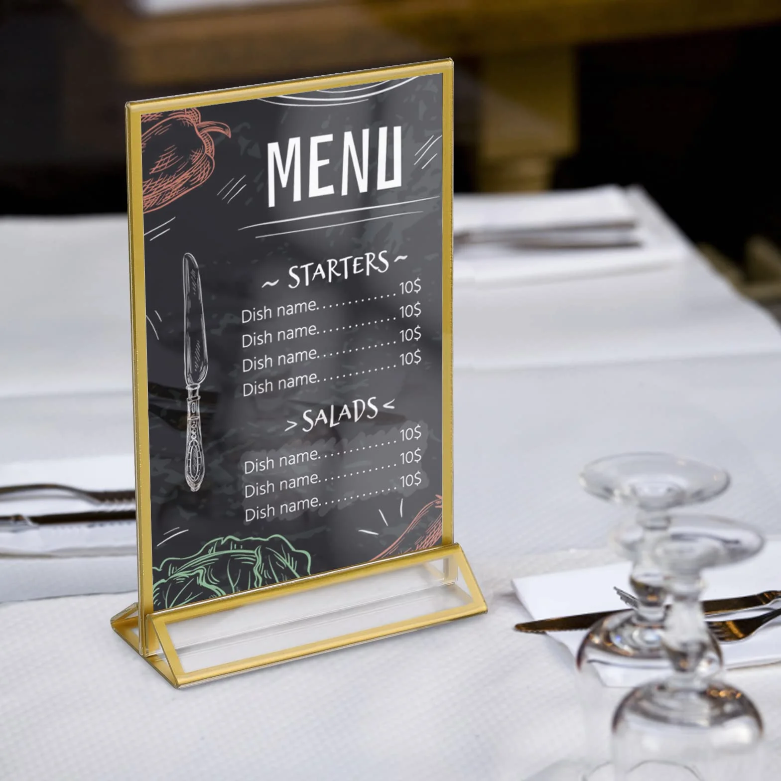 efuturetime Akrylowy stojak stołowy, 12 x A6, dwustronny, złoty, stojak T, uchwyt na karty menu, ramka na zdjęcia, numery stołów weselnych, kawiarni, restauracji