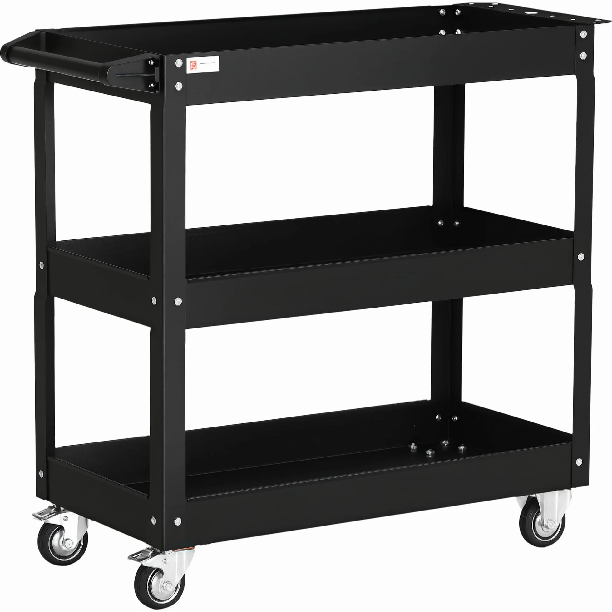DURHAND Wózek warsztatowy z 3 poziomami, wózek narzędziowy, pusty wózek transportowy z bocznym uchwytem, 4 kółka, nośność do 150 kg, stal, 83 x 35,3 x 76 cm, czarny