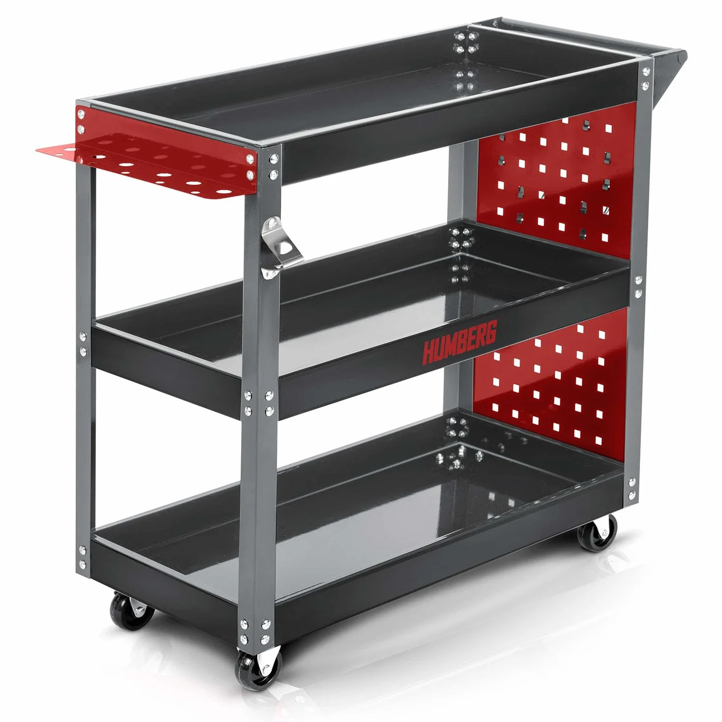Humberg Wózek Warsztatowy do Garażu - 3-Poziomowy z 6 Haczykami - Udźwig do 300 kg - Stal i Aluminium 80 x 35 x 73 cm