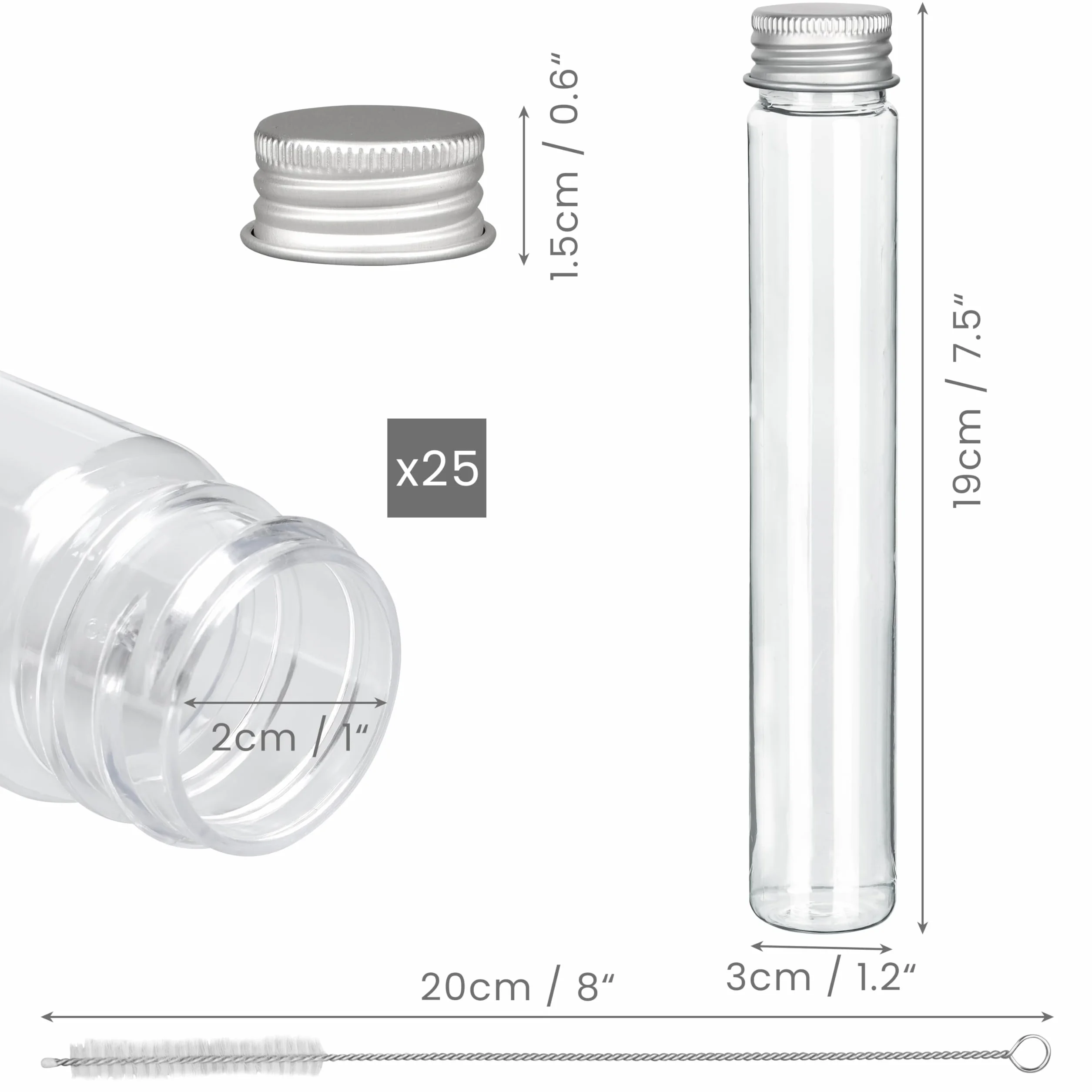 Kurtzy Przezroczyste Plastikowe Probówki 110 ml 25-Pak z Zakrętką i Szczotką