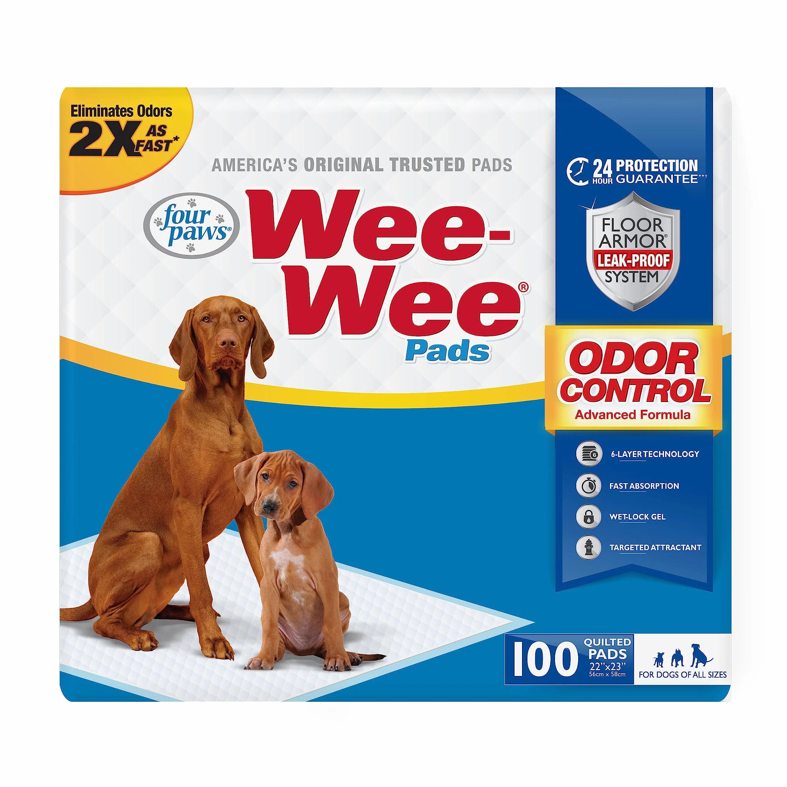 Four Paws Wee-Wee – zaawansowana formuła, bezzapachowe podkładki do moczu dla psów i szczeniaków, szczelne, trening nocnika, ochrona podłogi, 56 x 58,4 cm, 100 sztuk